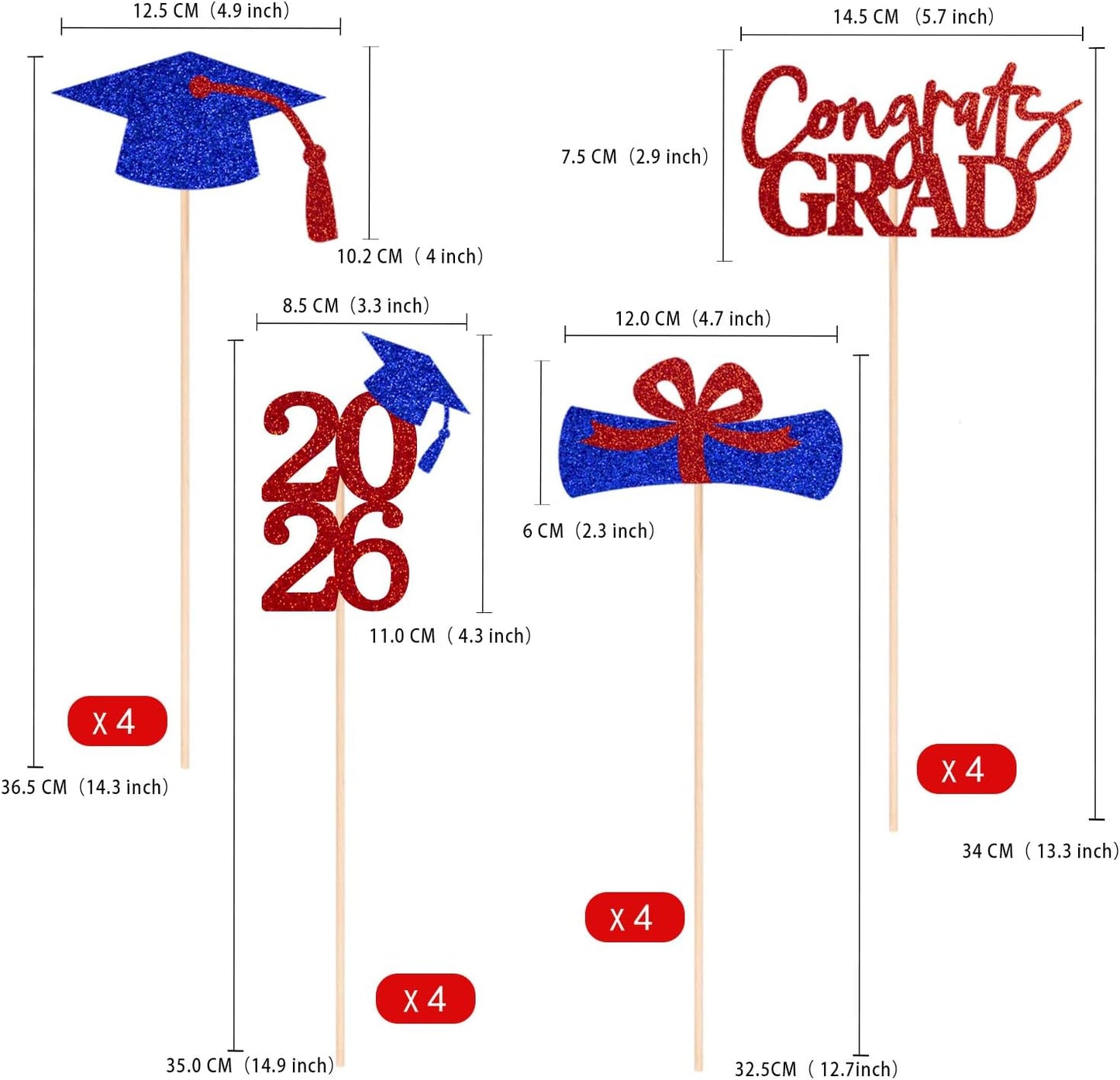 Graduation Centerpieces Class of 2026, 16 PCS Red Blue Double-Sided Table Toppers, Congrats Grad Party Decorations Supplies (Set of 4 Designs) WN420