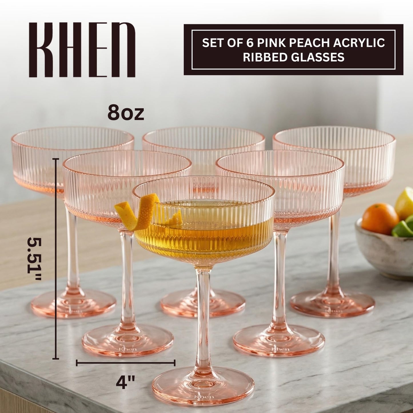 Khen Pink Peach Acrylic Ribbed Coupe Martini Champagne Cocktail Glasses, Set of 4, 8 oz Shatterproof Ripple Stemware European Style Reusable Drinkware Goblets, Indoor Outdoor Parties Weddings Bar Gift BST220