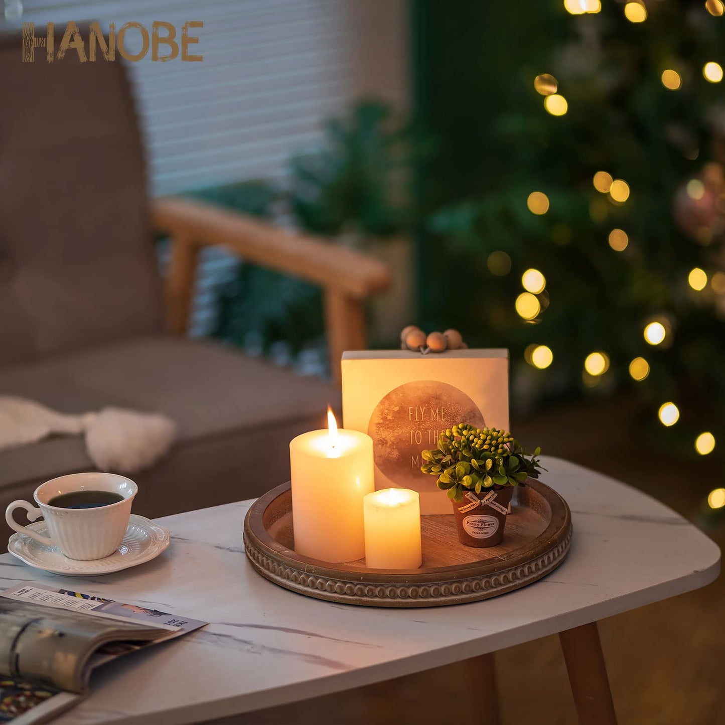 Hanobe Decorative Tray for Coffee Table: 10.5-Inch Round Whitewashed Wood Tray for Rustic Farmhouse Living Room Kitchen Island Entryway Home Decor BST326H