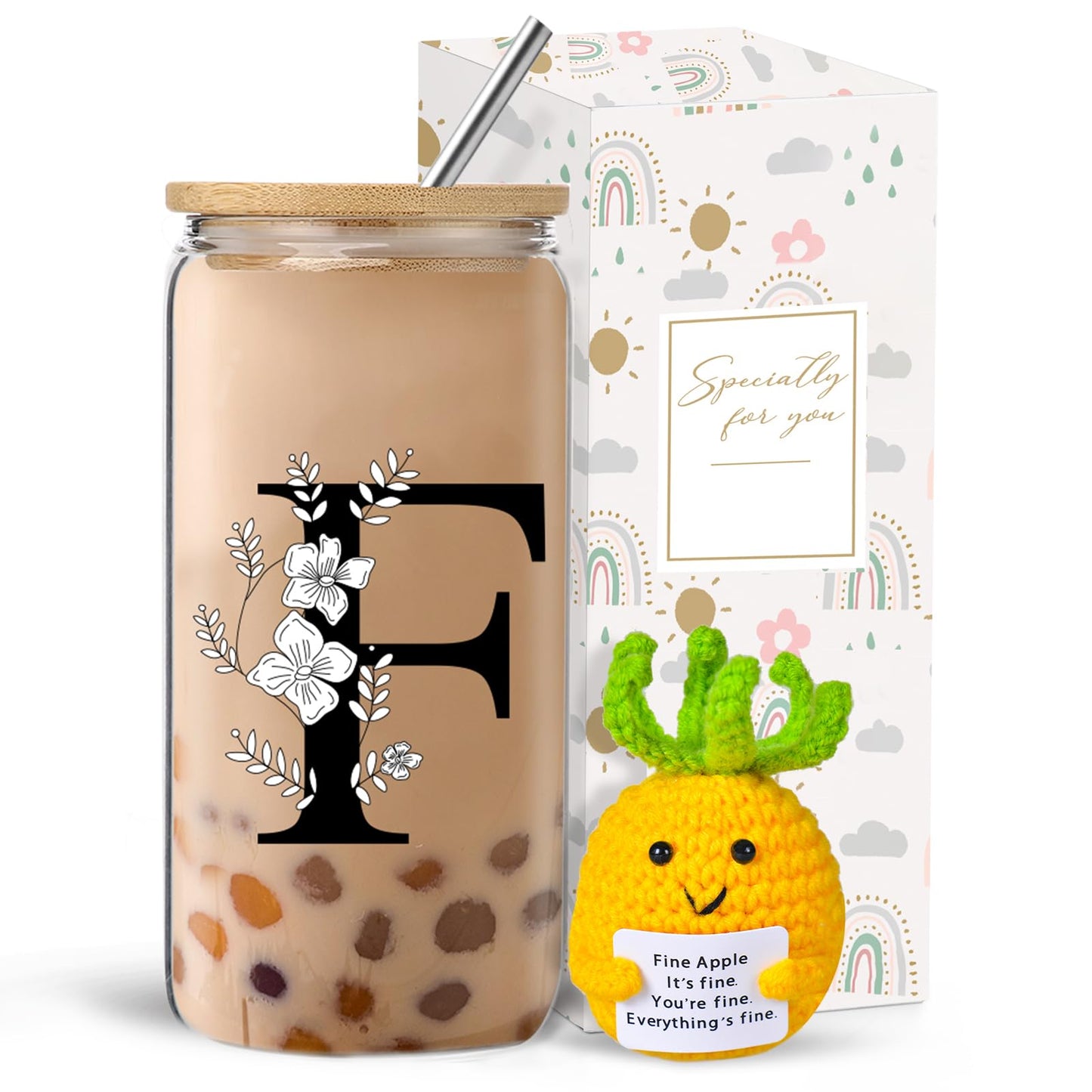 Monogrammed Initial Glass Cup with Lids and Straws gift for Women | Personalized Gift Set with Doll, 16 Oz Ice Coffee Cup ,reusable glass tumbler,Birthday Christmas Gift for Her,U WN420