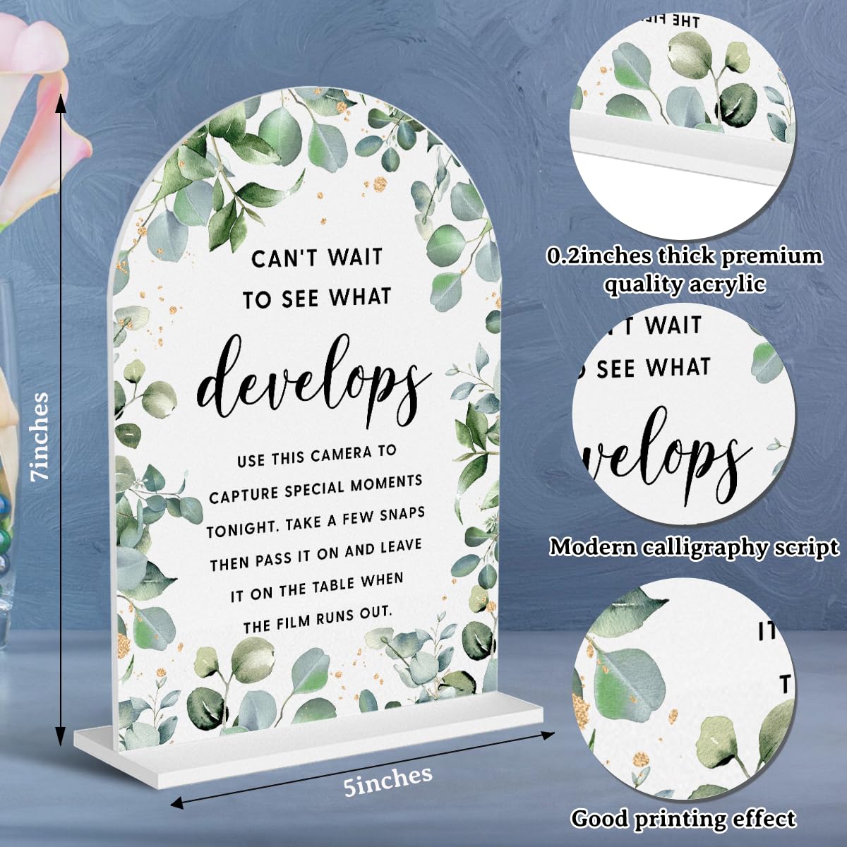 Acrylic Wedding Signs, Bubble Send Off Signs for Marriage Reception, Bridal Shower Decorations, Modern Arched Round Top Acrylic Table Top Sign with Holder for Wedding Party (White Eucalyptus Leaves) BST326L