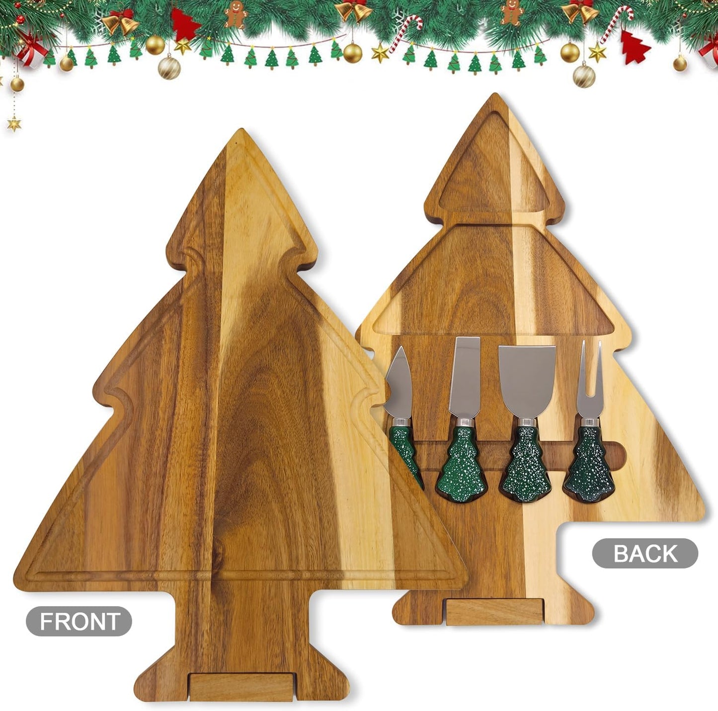 17.3'' Xmas Tree Charcuterie Board Set – Dual-Side Acacia Wood Serving Tray & Cutting Board with 4 Magnetic Knives, Rotating Base – Festive Cheese Platter for Christmas Snacks, Hostess Gift WN420
