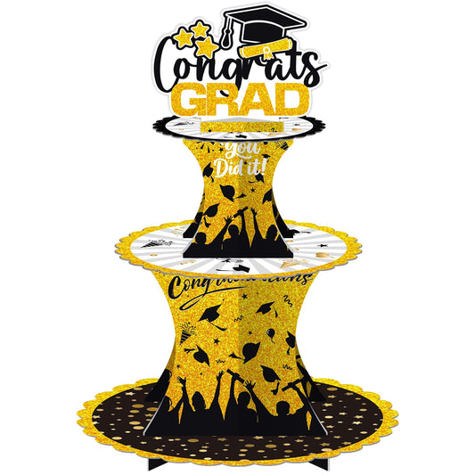 Graduation Cupcake Stand Decoration, 3 Tier Congrats Grad Party Cupcake Holder Tower, Cardboard Grad Theme Dessert Cookies Stand for Graduation Party Supplies Favors (Black & Gold) BST220
