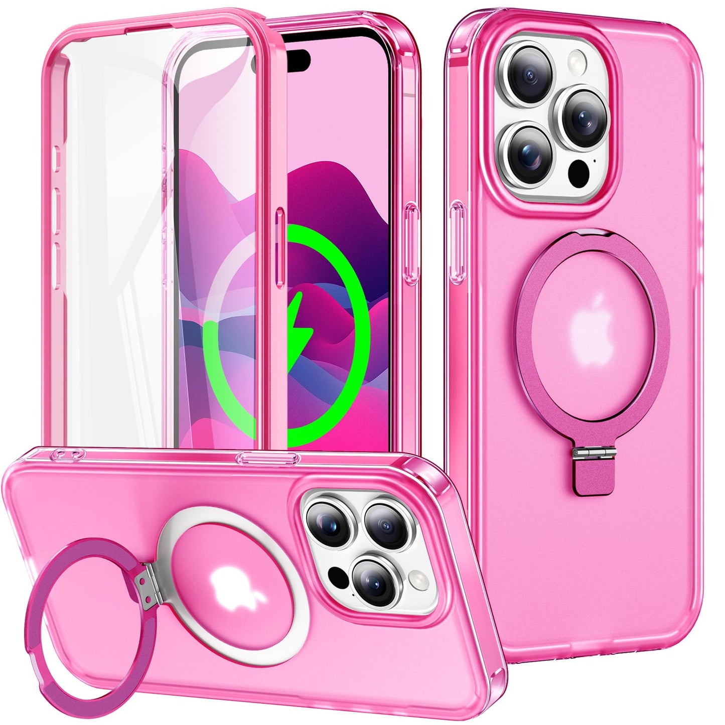 for iPhone 13 Pro Full Body Shockproof Case with Magnetic Invisible Stand [Compatible with MagSafe] Built-in Screen Protector Military Drop ProtectionTranslucent Phone Cover -Hot Pink WN420