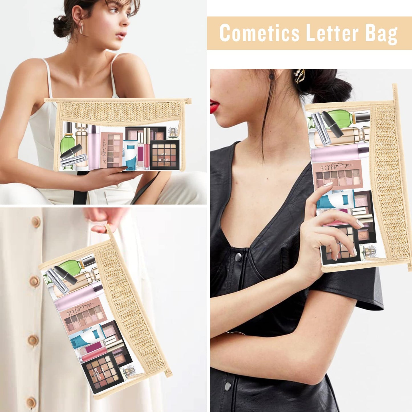 Boho Clear Makeup Bag Cosmetic Zipper Pouch Purse, Clear Toiletry Bags Travel Small Preppy Cute DIY Chenille Letter Bag, Transparent PVC Waterproof Clutch Make Up Organizer Storage Bag for Women Girls BST220