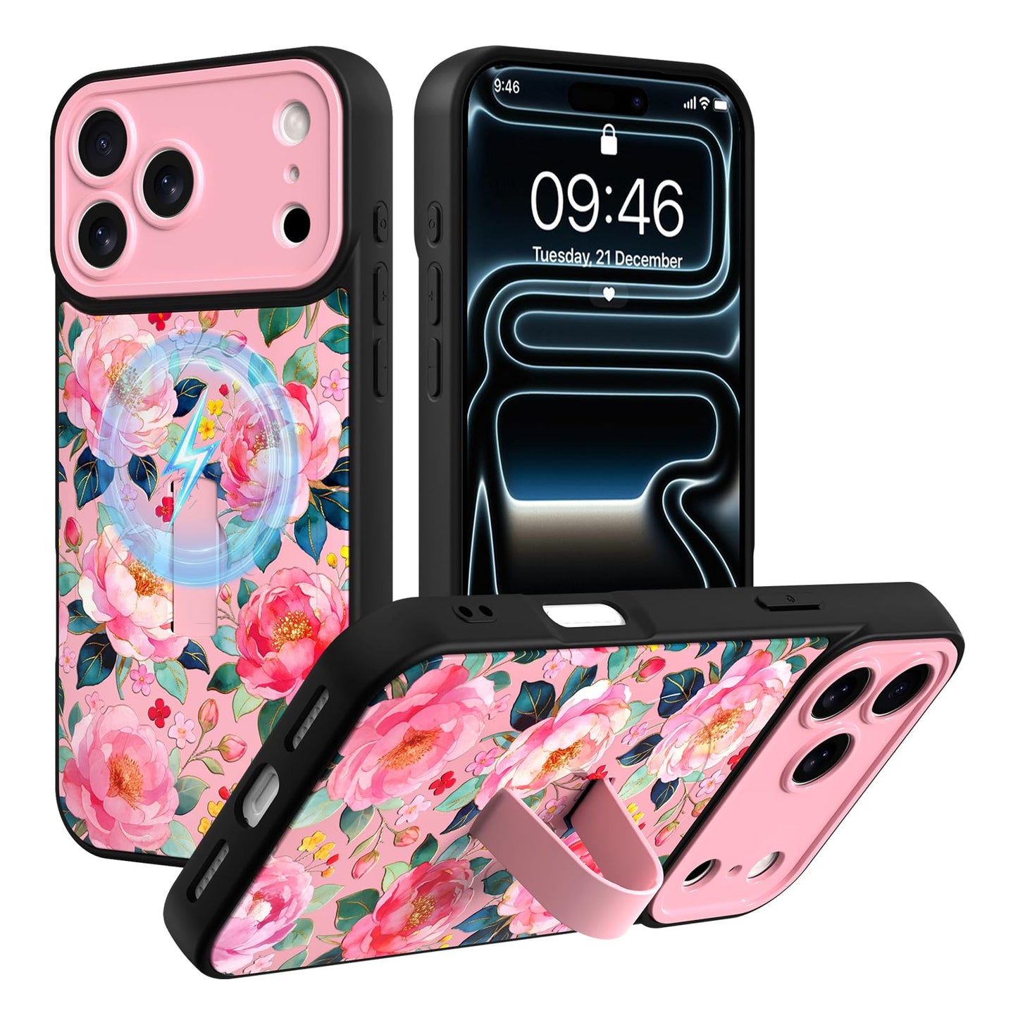 Compatible with iPhone 13 Case, Cute Cheetah Leopard Pattern | Built in Adjustable Wrist Strap Grip Hand Holder Stand Shockproof Kickstand Cover for Women Girls (Black White) WN420