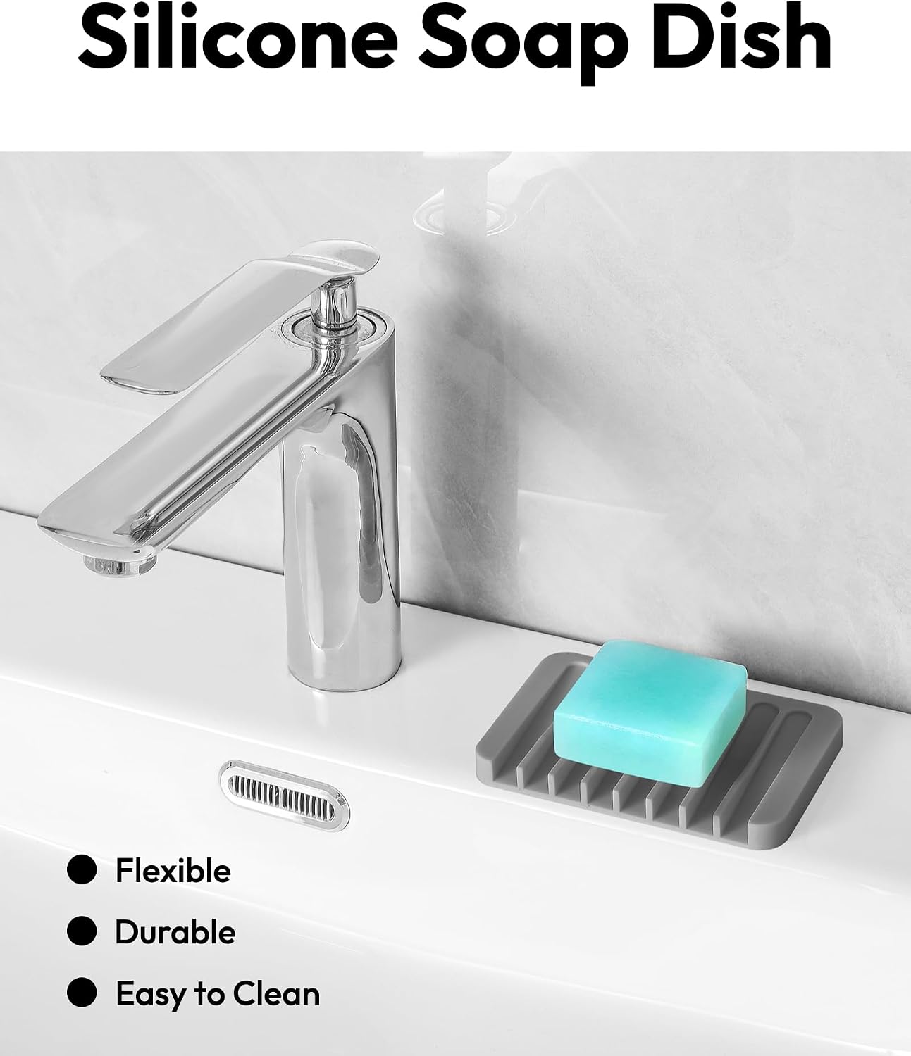 Self Draining Soap Dish for Shower, Silicone Soap Dish for Kitchen Sink, Bathroom Sink (2, Light Gray, S(3.1"×4.5")) BST220