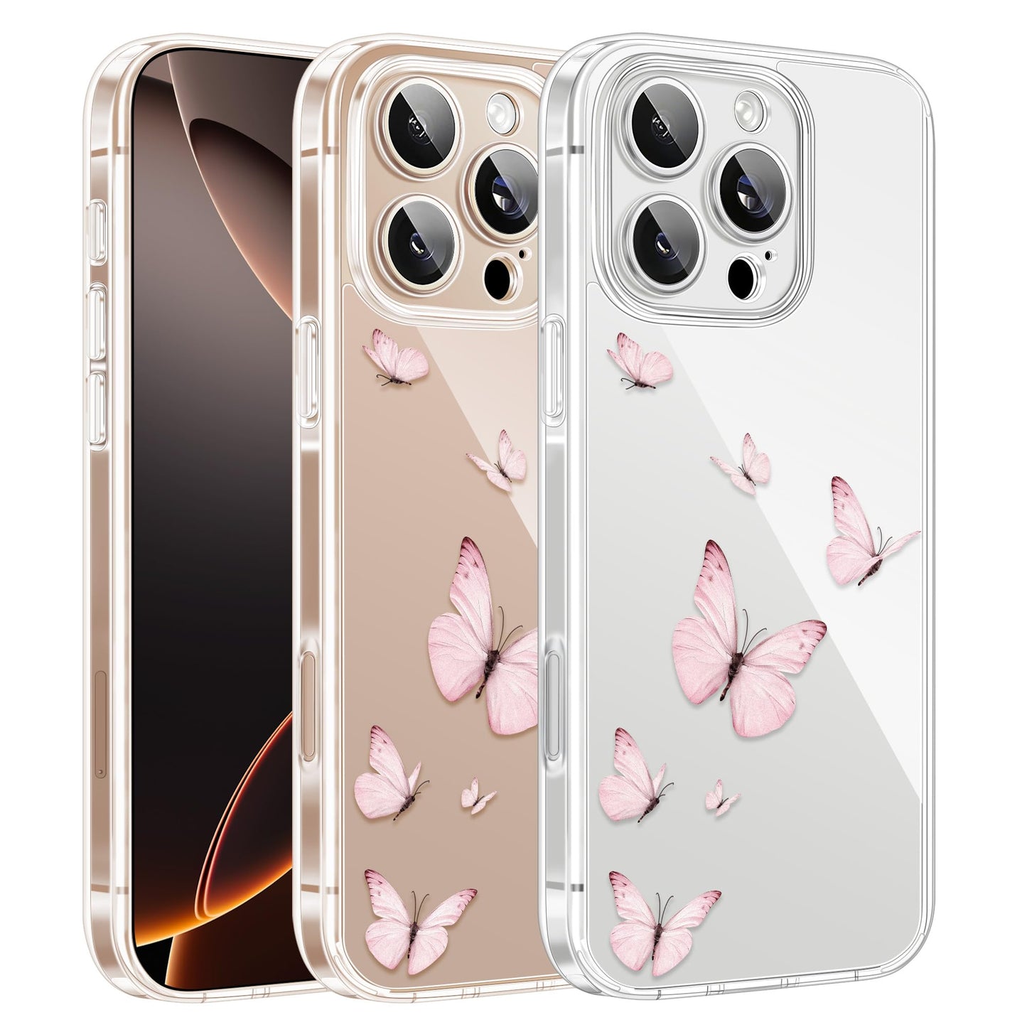 Cute Girly Crystal Clear Case Compatible with iPhone 16 Pro, Camera Control & Shockproof Protection Floral Case for Women, Blue Butterflies WN420