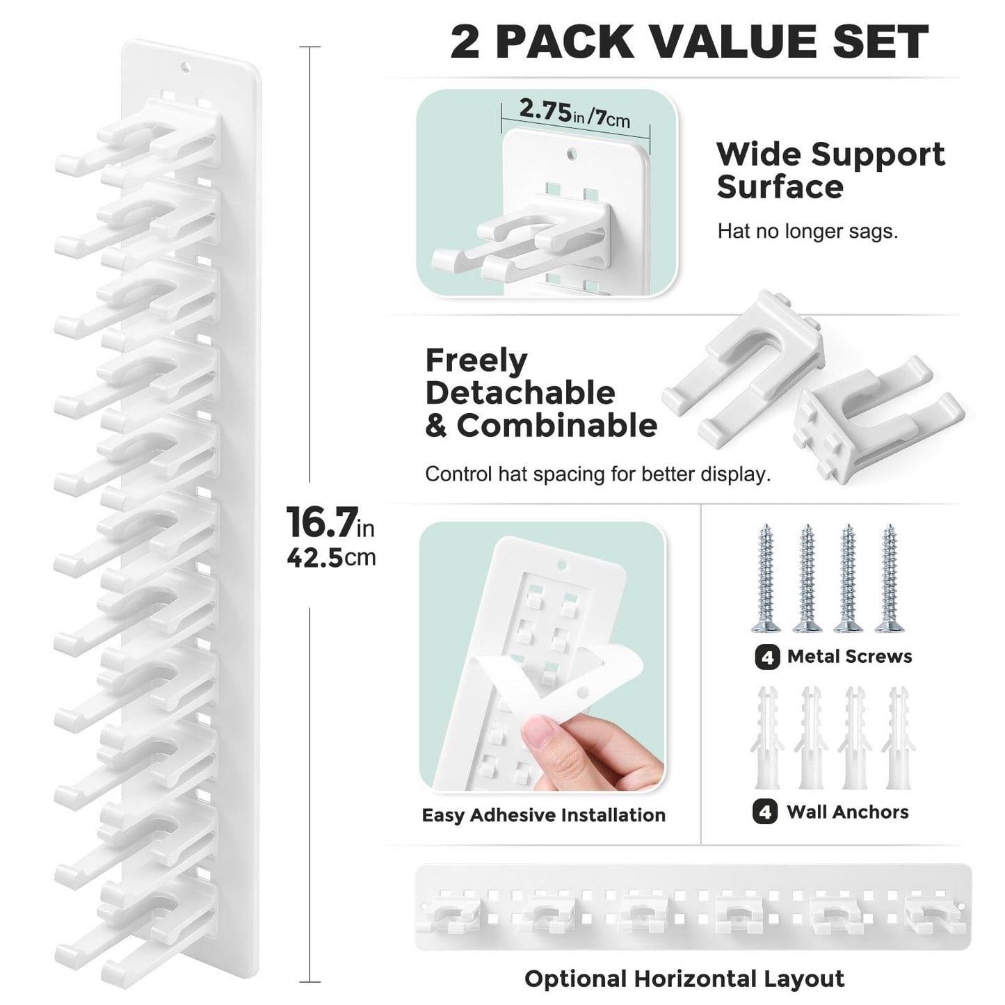 Hat Hook for Wall, 2 Pack Hat Organizer Hold up to 20 Hats,Hat Holder with Strong Adhesive and 8 Pack Screws, Cap Holder Hat Hangers for Wall Closet Door and Bedroom(B-Black) BST220
