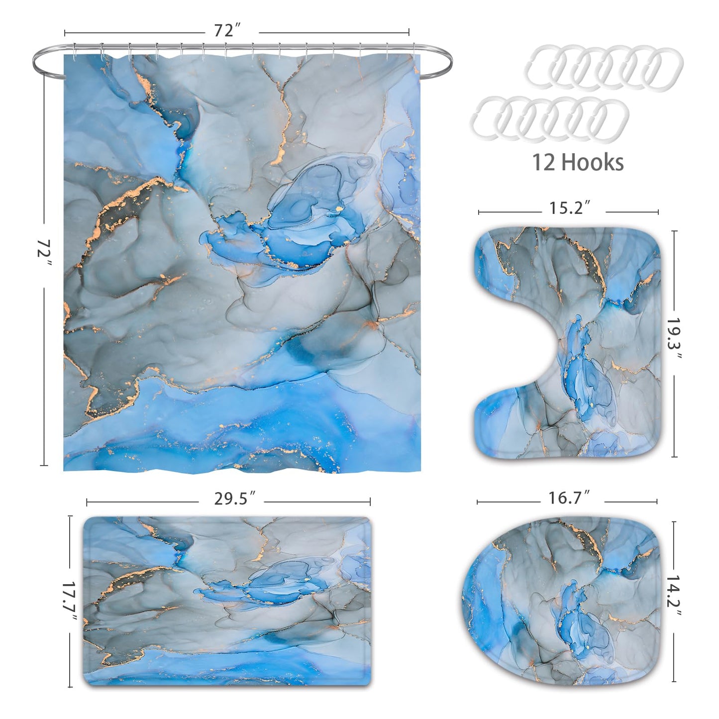 Gibelle 4 Pcs Bathroom Shower Curtain Set with Non-Slip Rugs, Toilet Lid Cover and Bath Mat, Grey Blue Marble Bathroom Decor Set with Shower Curtain and Rugs and Accessories BST326H