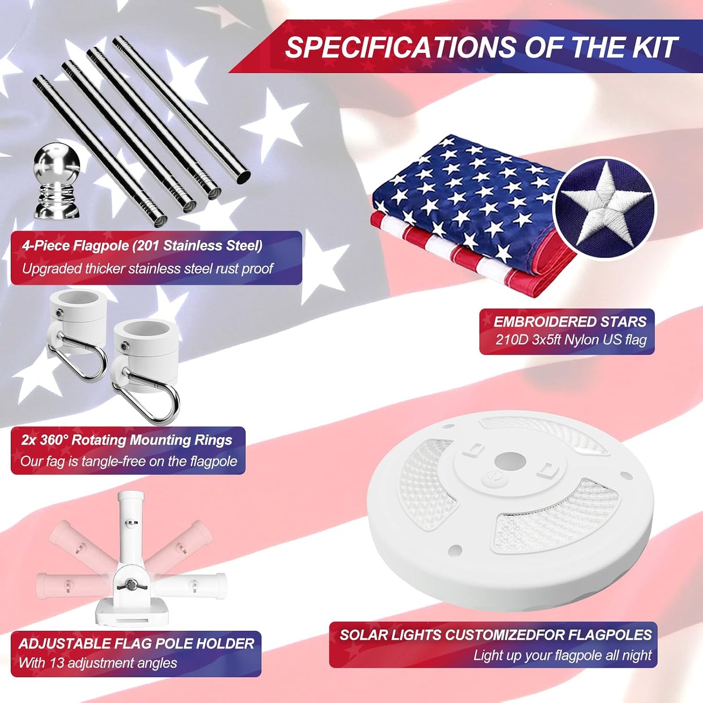 Sprookber 5ft Solar Light Flag Pole kit with American Flag – 180°Adjustable Bracket and Tangle Free Rings, Stainless Steel FlagPoles for Outside House, Residential or Commercial use, Silver WN420
