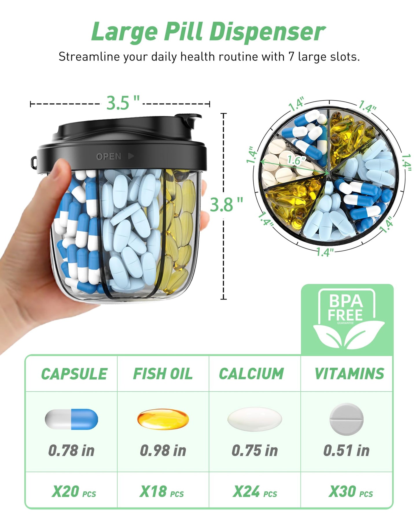Cute Pill Organizer,Pill Dispenser with 7 Large Compartments,Portable Pill Bottle Box with Wide Opening for Easy Use, Anti-Mix Pills Organizer for Travel,Includes 20 Pcs Sticky Labels(Black) WN420