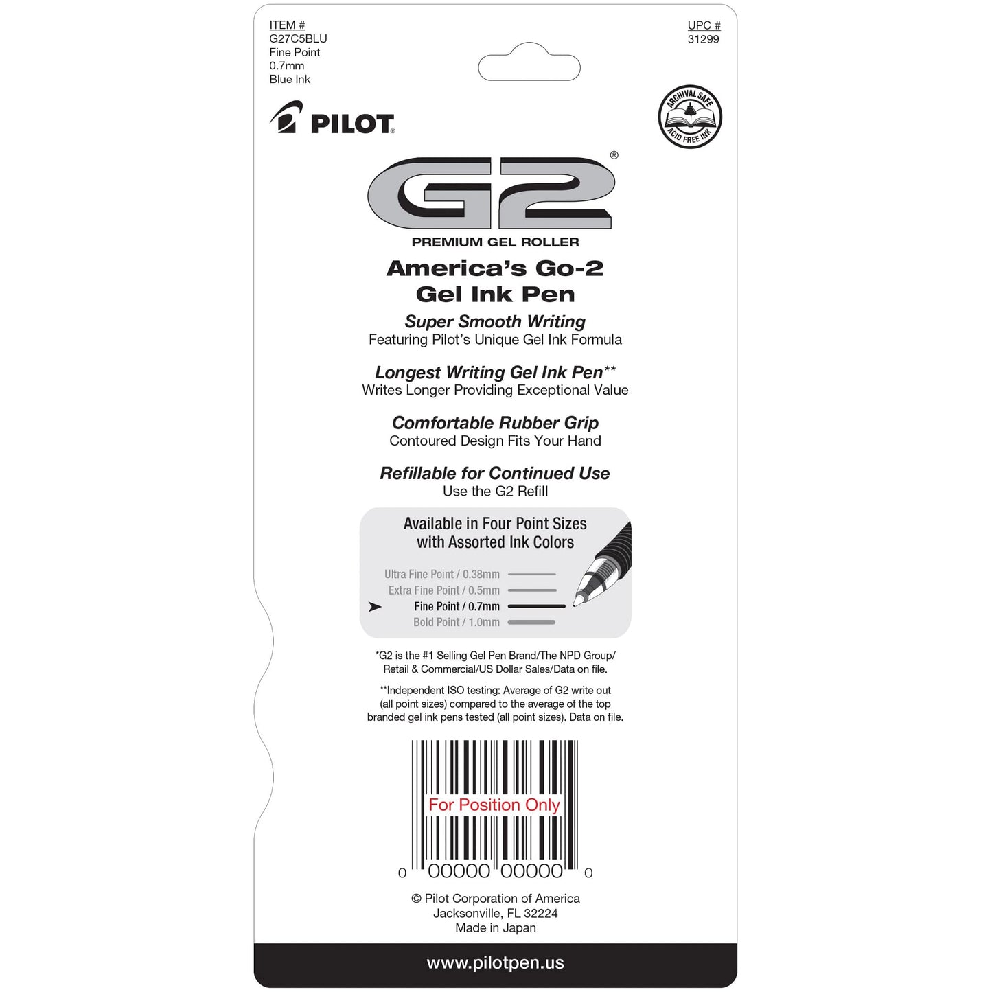 Pilot G2 Premium Gel Roller Pens, Fine Point 0.7 mm, Blue Ink Pens Fine Point, Pack of 5 - Ideal for School, Journaling, and Office Writing