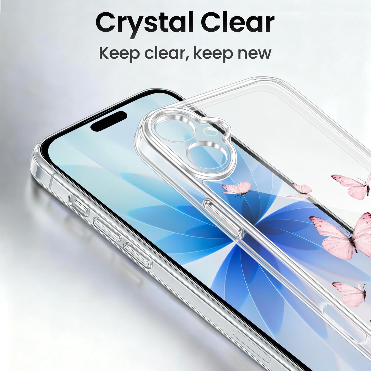 Cute Girly Crystal Clear Case Compatible with iPhone 16 Pro, Camera Control & Shockproof Protection Floral Case for Women, Blue Butterflies WN420