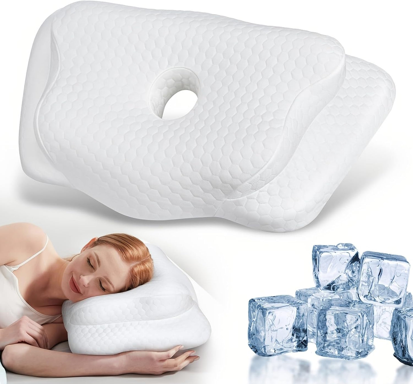 Ear Piercing Pillow for Side Sleepers — Cooling Fabric & AirCell Memory Foam Ear-Hole Side-Sleeper Pillow for CNH & Ear Pain Relief | Ergonomic Butterfly Contour, Removable Cover, Hypoallergenic BST326H