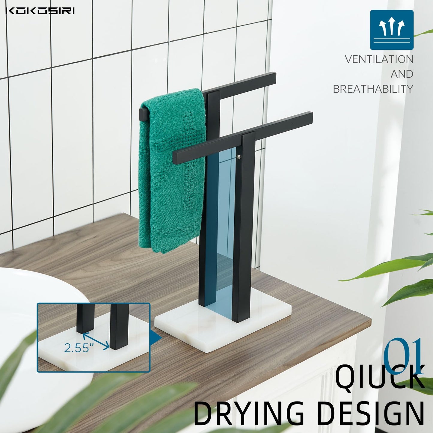 KOKOSIRI Hand Towel Holder Black Stand Towel Rack with Marble Base for Bathroom Kitchen Vanity Countertop, Stainless Steel 15.7'' Height THS0002-SM-BK BST202