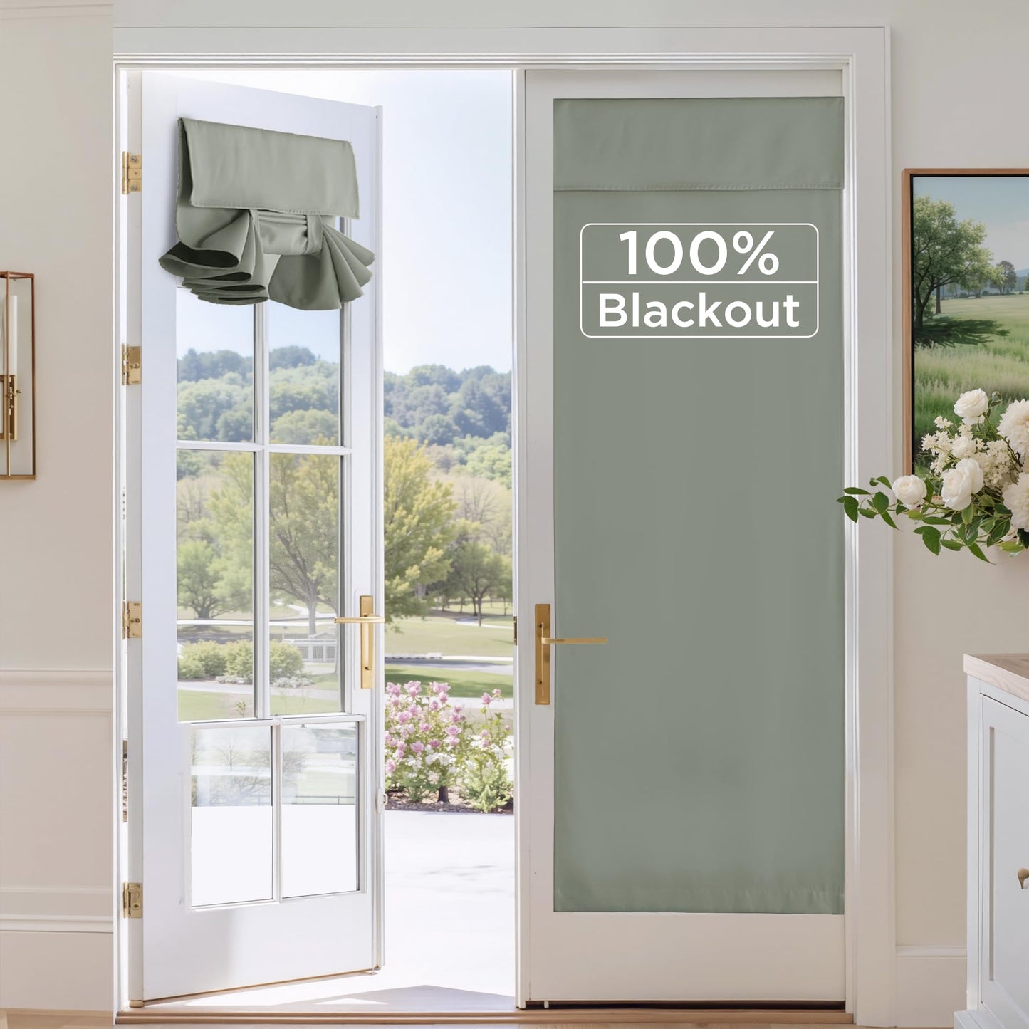 RYB HOME 100% Blackout French Door Curtains for Door Window - Room Darkening No Coating Thermal Insulated Privacy Protection Adhesive Cover for Glass Window, W 26 x L 40, 1 Panel, Black BST220