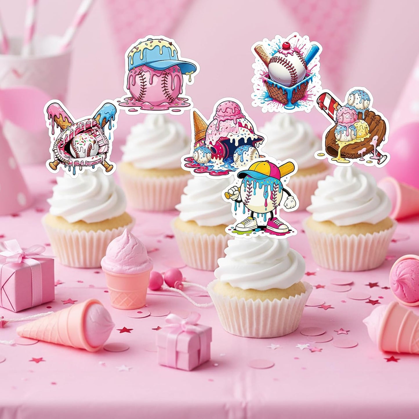 Baseball Birthday Party Decorotions - 24 PCS Ice Cream Drip Baseball Theme Cupcake Toppers, Boys Girls Sports Birthday Party Decorotions Supplies BST326L