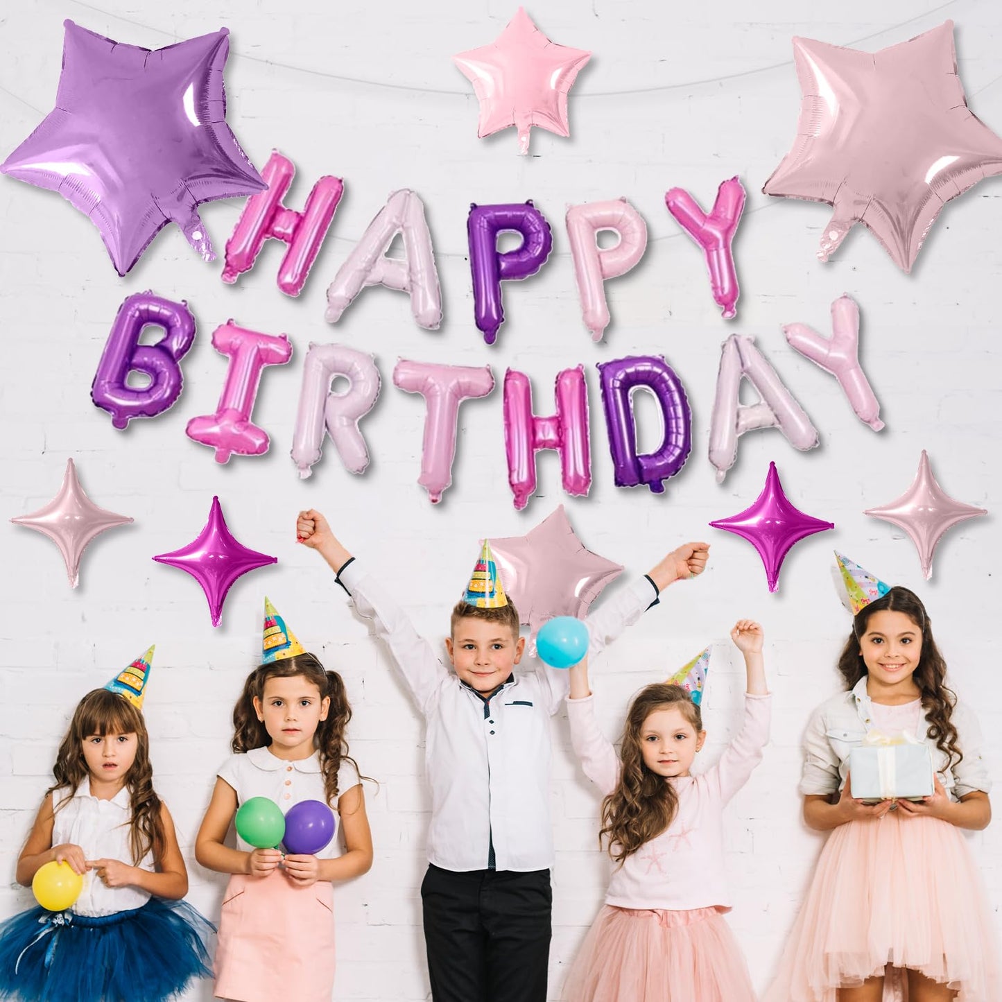 Happy Birthday Balloons Banner, Rainbow Happy Birthday Foil Balloons 16 Inch Foil Letter Balloon with 8 Pcs Gradient Blue Pink Star Balloon for Women Men Boys Girls Birthday Party Decoration WN420