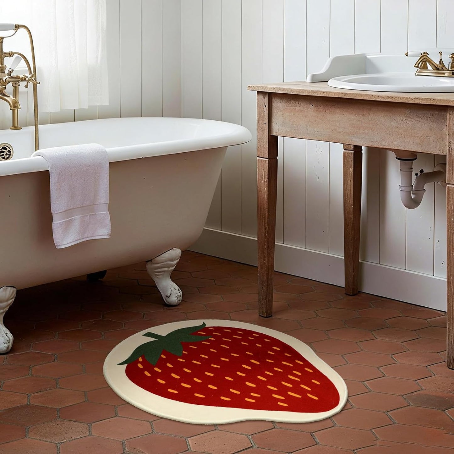 Tinideya Strawberry Bath Mat, Fruit Shaped Kitchen Bathroom Rug, Cute Summer Strawberry Welcome Front Door Rugs Soft Absorbent Non Slip Washable for Bathroom Sink Tub Bedroom Entryway Indoor Floor Mat BST202