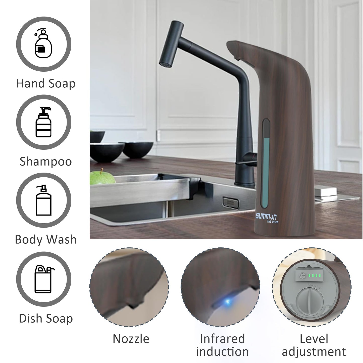 Automatic Soap Dispenser Touchless,400ML Hand & Dish Countertop Electric Liquid Dispenser with Sensor,Modern 4 Gear Adjustable Black Waterproof Battery Operated Kitchen Auto Soap Pump WN420