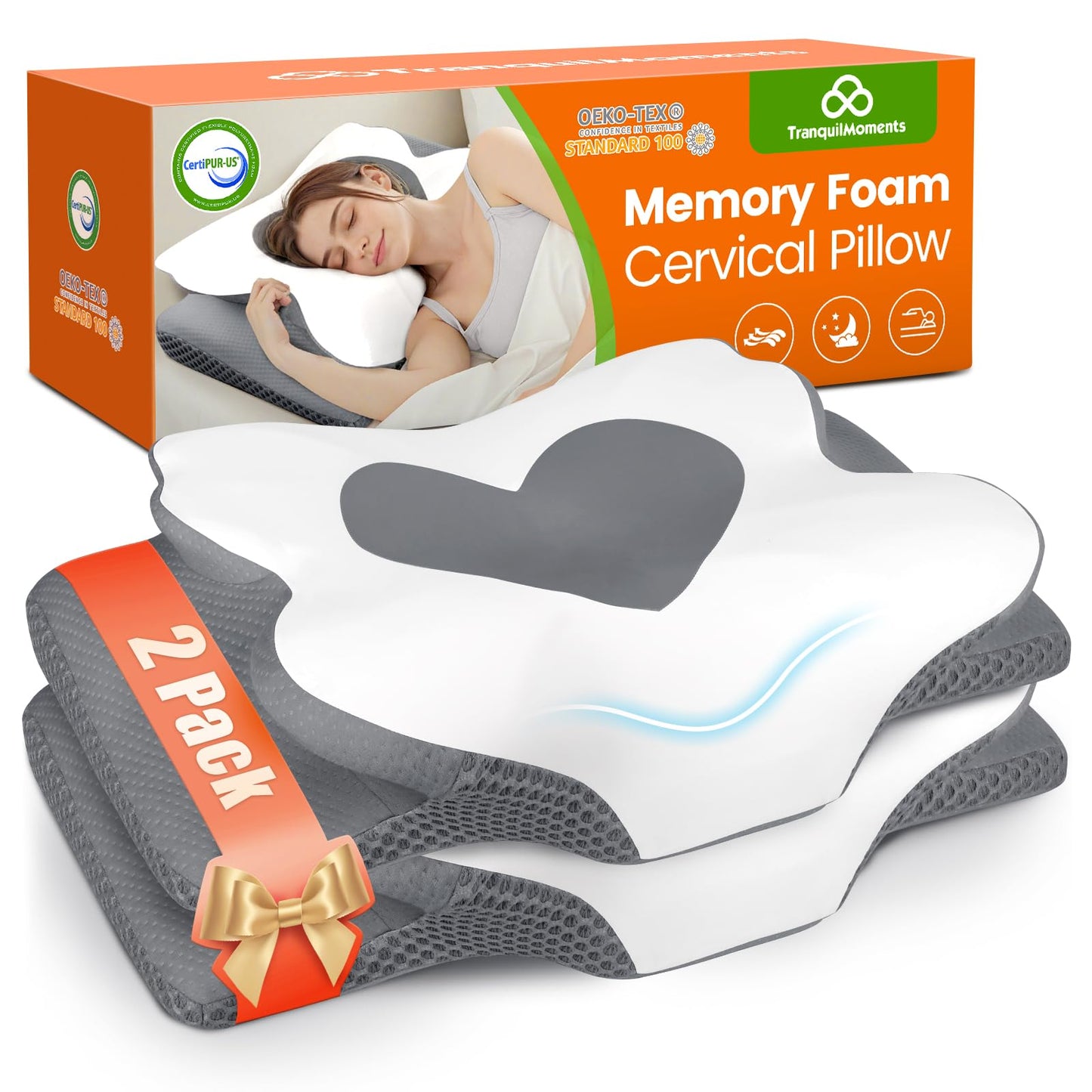 Cervical Neck Pillow for Sleeping, Memory Foam Pillow for Neck Support, Ergonomic Pillow for Pain Relief, Contour Bed Pillow for Side Back Stomach Sleepers, Grey, Queen Size BST220