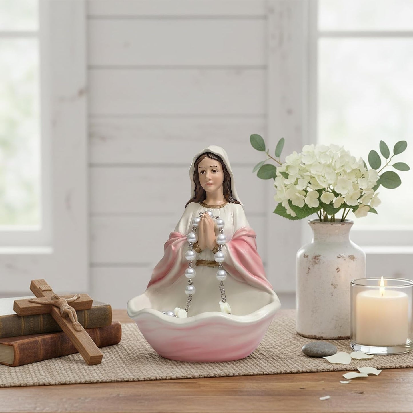 Blessed Mother Statue, Hand Painted Virgin Mary Rosary Holder Catholic Gifts for Women, 6 Inches Saint Mary Statue Religious Home Tabletop Altar Decor (Pink) BST202
