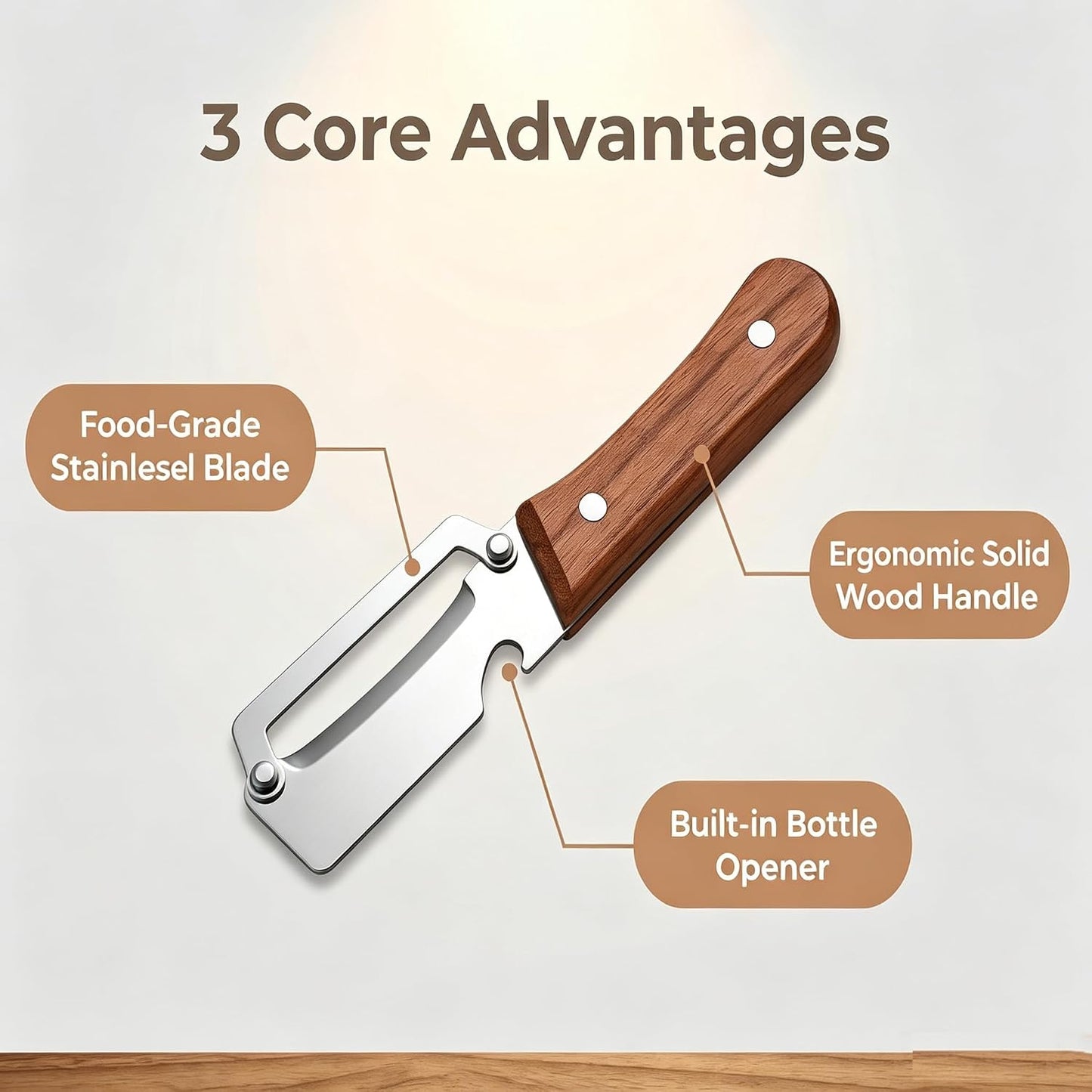 2 in 1 Multi Functional Vegetable Peeler with Bottle Opener,Wooden Handle Stainless Steel Fruit Peelers For Kitchen,Suitable For Sugar Cane Potato Fruit Pineapple Pumpkin, Effortless Peeling BST202