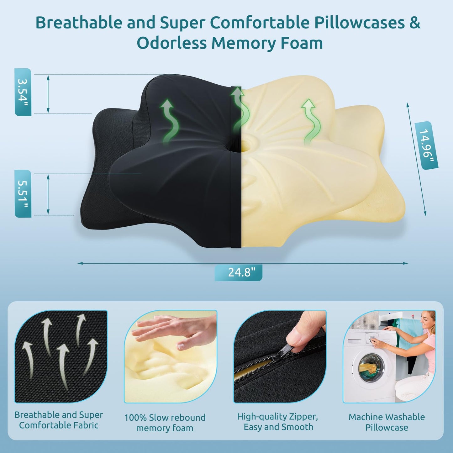 DONAMA Cervical Pillow for Neck and Shoulder,Contour Memory Foam Pillow,Ergonomic Neck Support Pillow for Side Back Stomach Sleepers with Pillowcase-Standard Size BST220