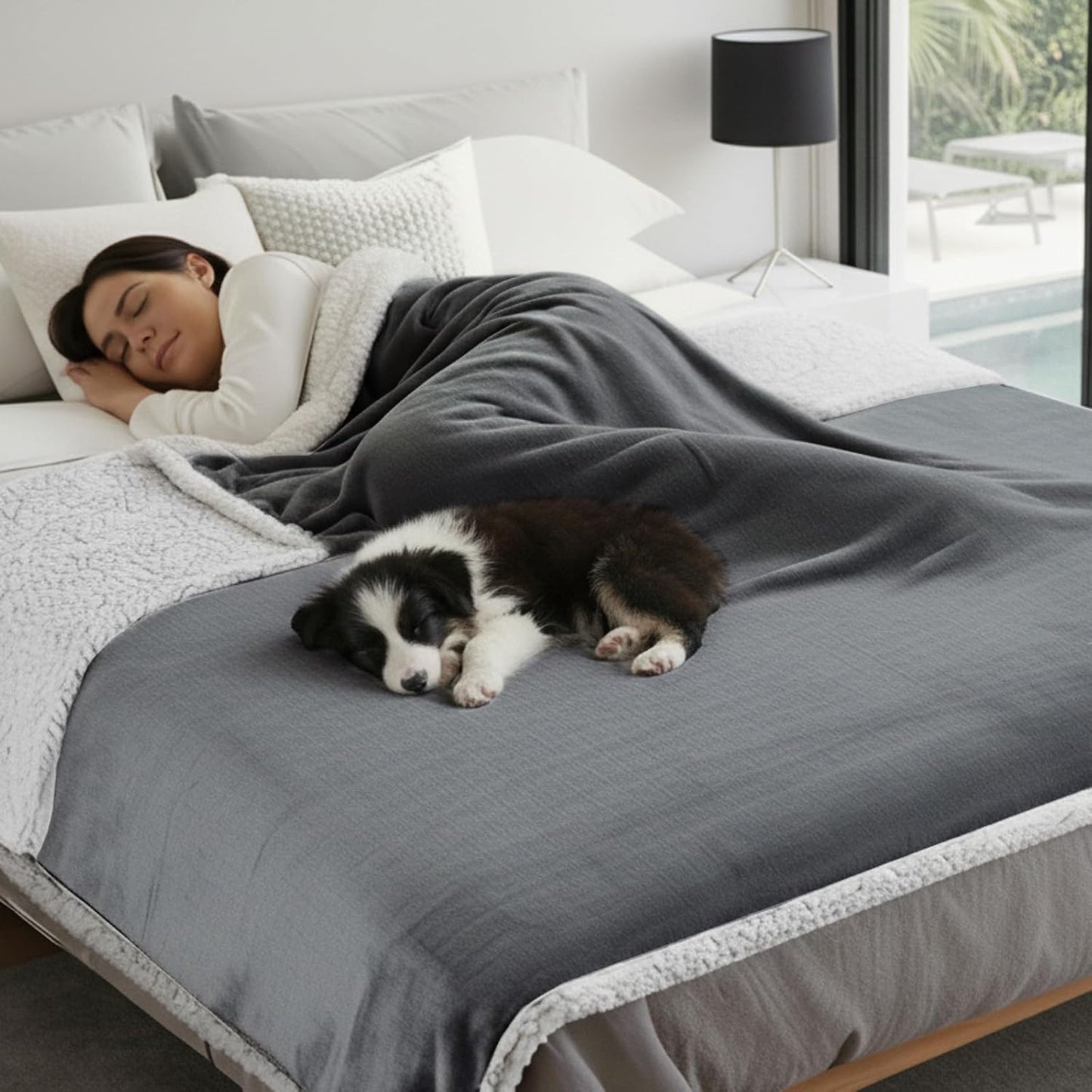 Makigued Waterproof Dog Blanket for Couch & Bed, Reversible Sherpa Fleece Pet Throw with Quiet TPU Barrier, Machine Washable Furniture Protector for Large Dogs & Cats, Twin Size 60x80 Inch, Gray WN420