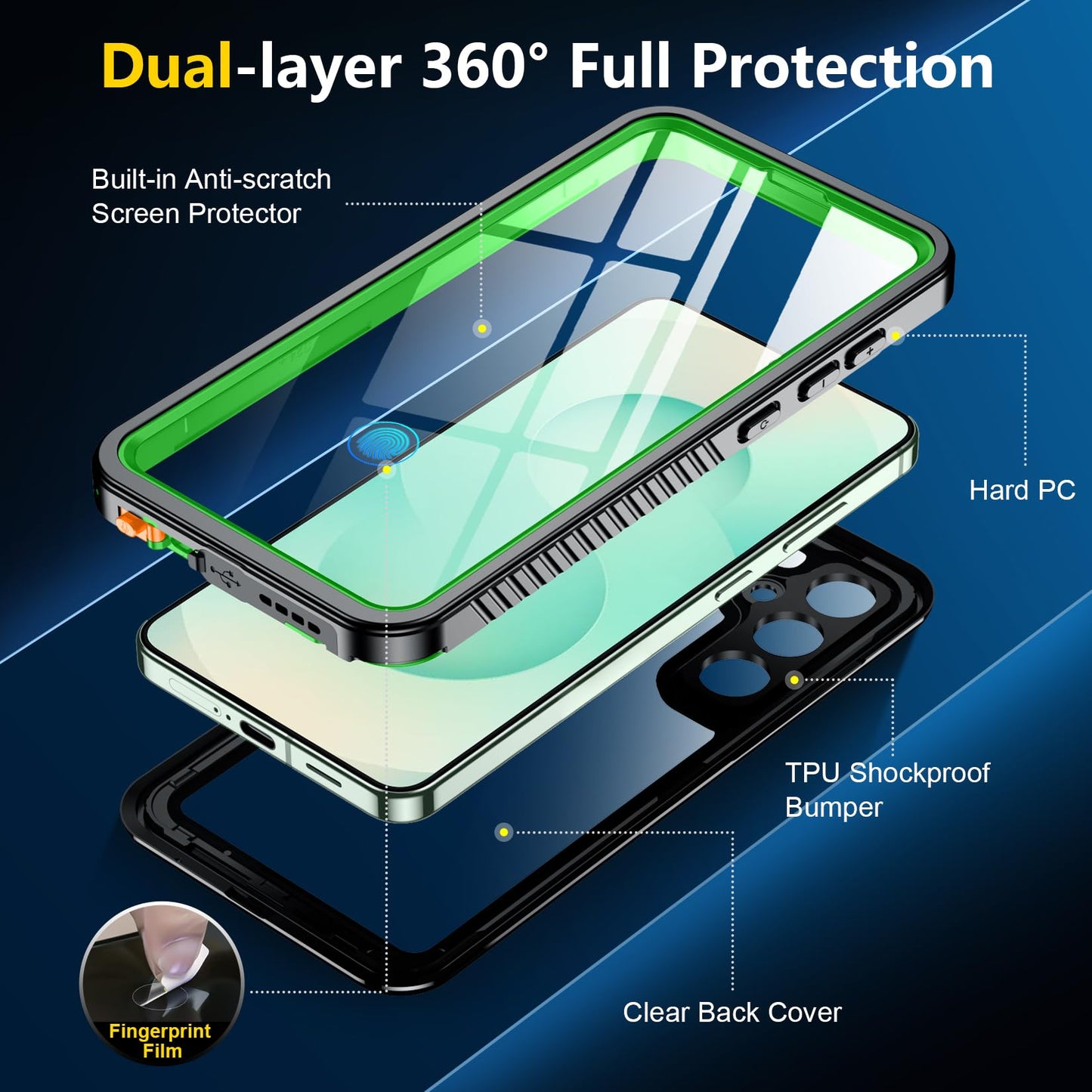SPIDERCASE Designed for Samsung Galaxy S23 Case Waterproof,Built-in Screen & Camera Lens Protector[IP68 Underwater][Military Grade Shockproof] Full Body Protection Phone Case, Black/Clear WN420