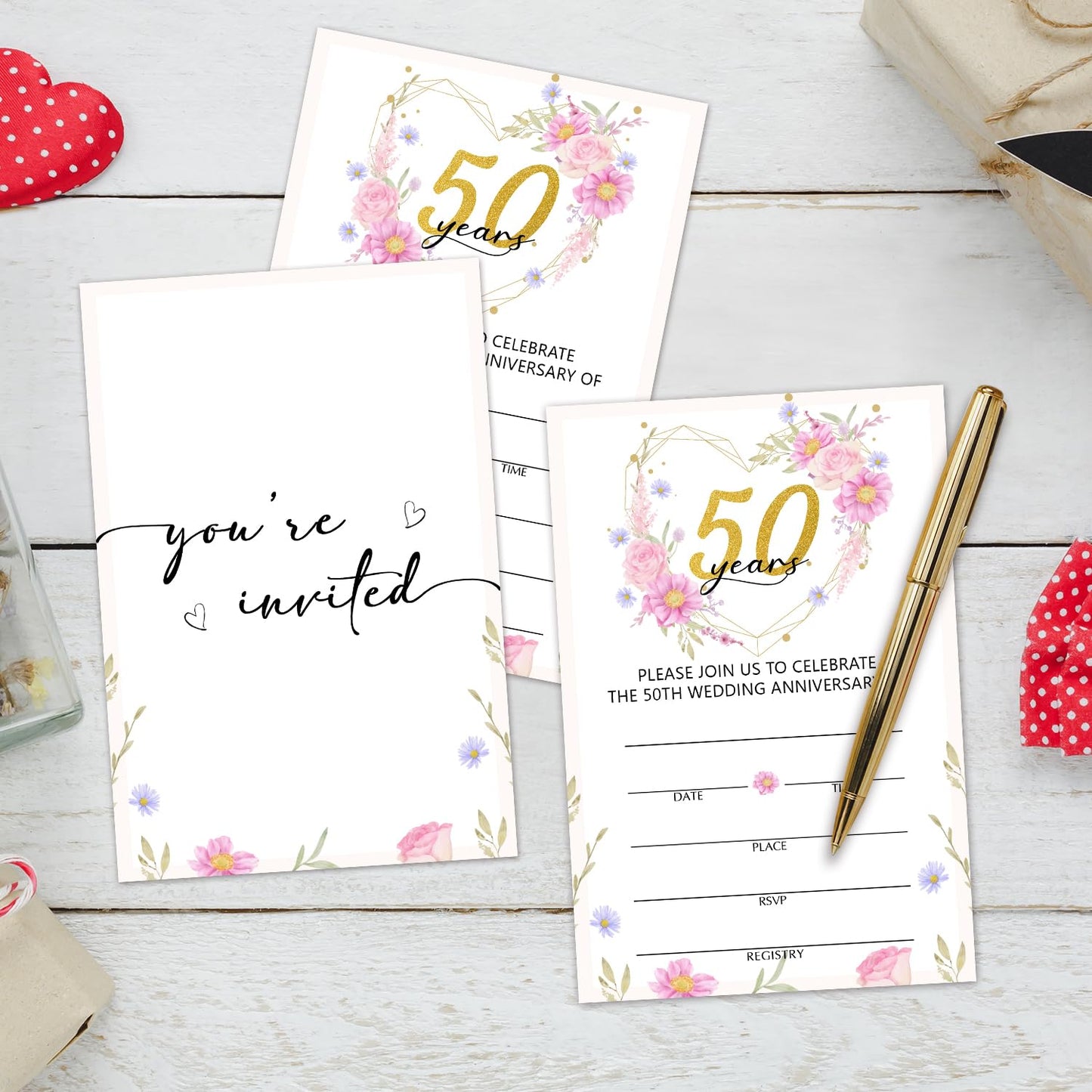 50 Years Anniversary Bridal Shower Invitations Cards, Set of 25 Gold Foil Floral Fill in Style 50th Year Wedding Invites Cards with Envelopes for Couples Marriage Party Supplies-T05 WN420