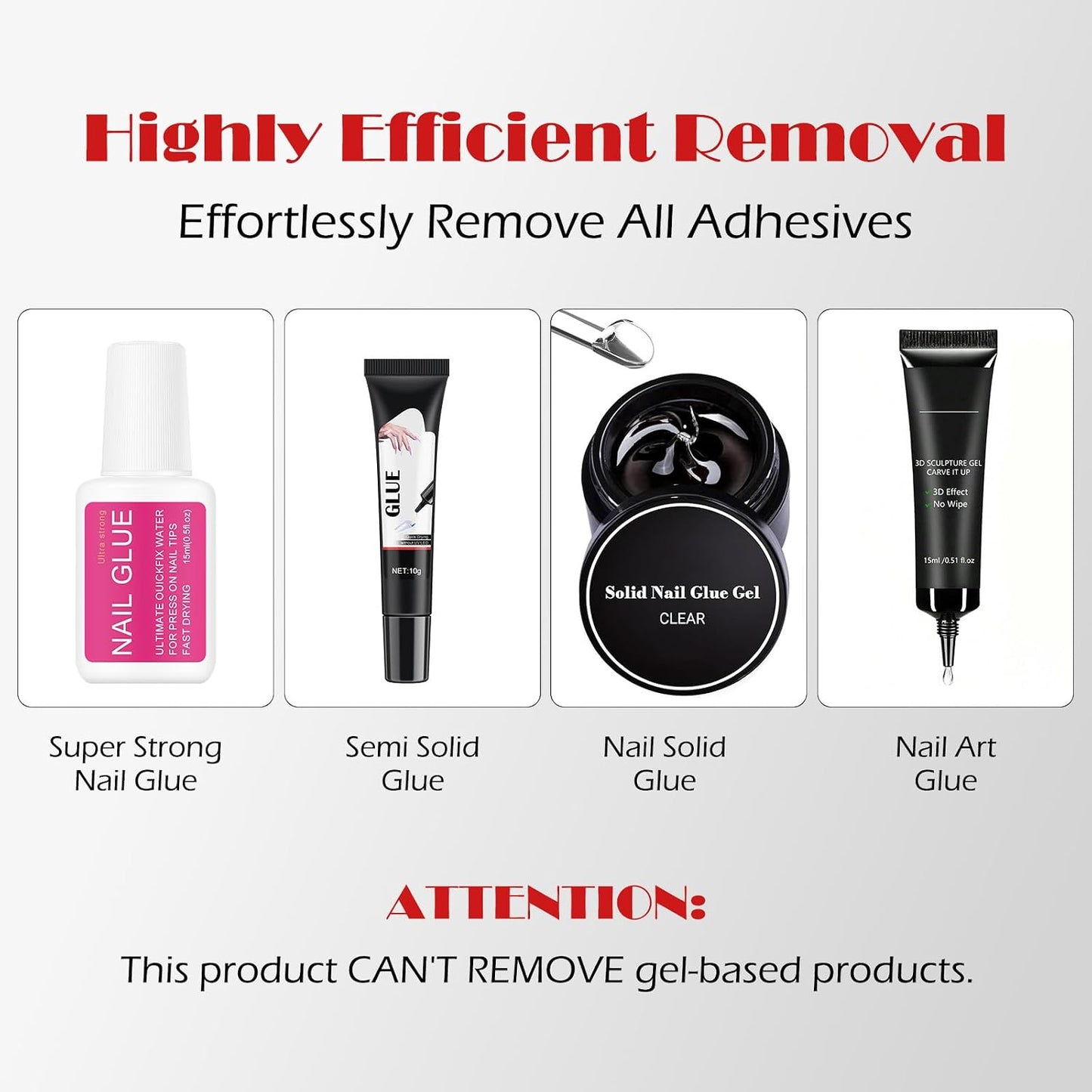 Semi-Solid Glue and Remover Kit with Stick for Press ons, No U/V Light Needed Quick Dry Fake Nail Tips Glue and Non-Acetone Remover with Precision Tips (10ml+10g) WN420