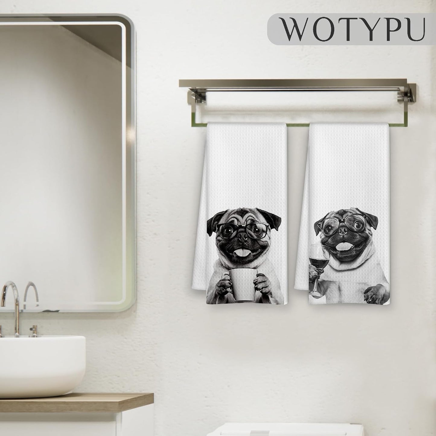 Funny Pug Kitchen Bar Towels, Gifts for Pug Lovers Dish Tea Towel, Wine Coffee Lover Gifts Decorative Hand Towels for Kitchen Bar Cart Decor, 16x24 Inch Set of 2 BST326L