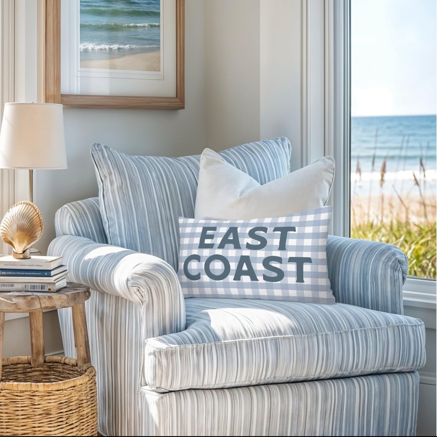 Coastal Beach Girly Room Decor 12x20 Pillow Cover, Preppy Beach Navy Blue Bikini Striped Decorative Lumbar Pillow Covers for Girls Bedroom College Dorm Sofa Couch BST326L