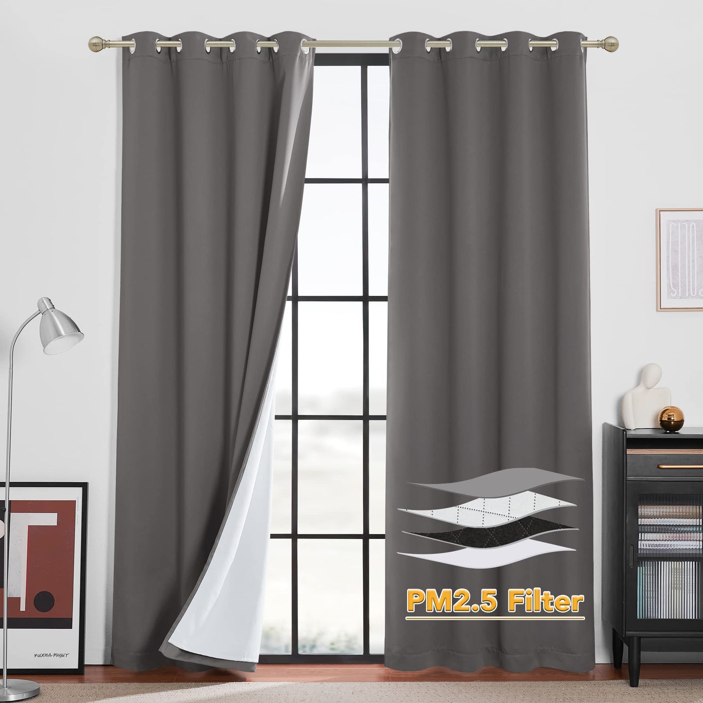RYB HOME 4-in-1 Dust Filtering Soundproof Blackout Insulating Privacy Window Curtains for Nursery Bedroom Living Room Rivider Sound Absorption Sheet, Black, W52 x L90 inch, 2 Panels BST220