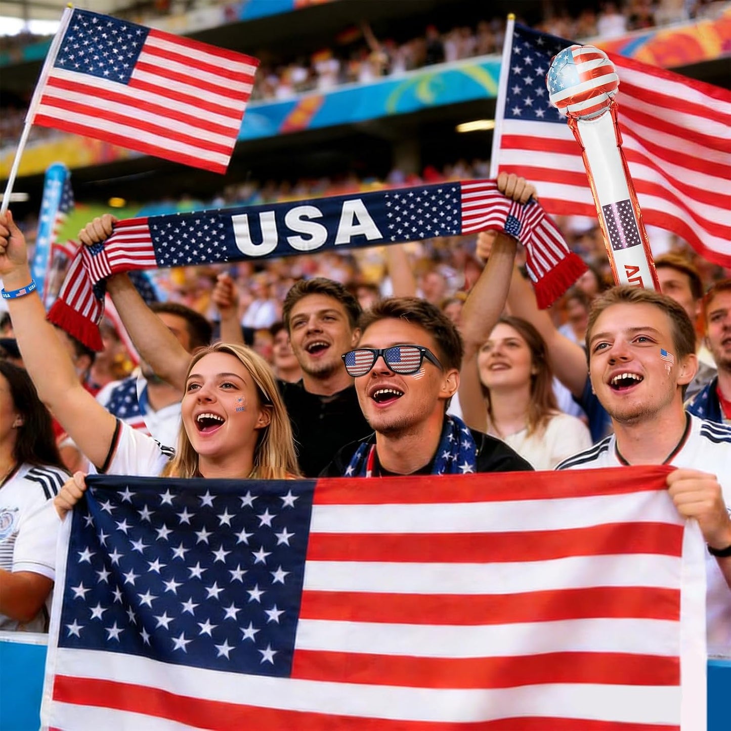 Large American Flag 3x5 Ft 59 x 35 in with Soccer Watch Party Accessories, Temporary Tattoos, Glasses, Scarf, Wristband, Thunder Sticks, Clapper, 2026 World Cup Wall Chart BST202
