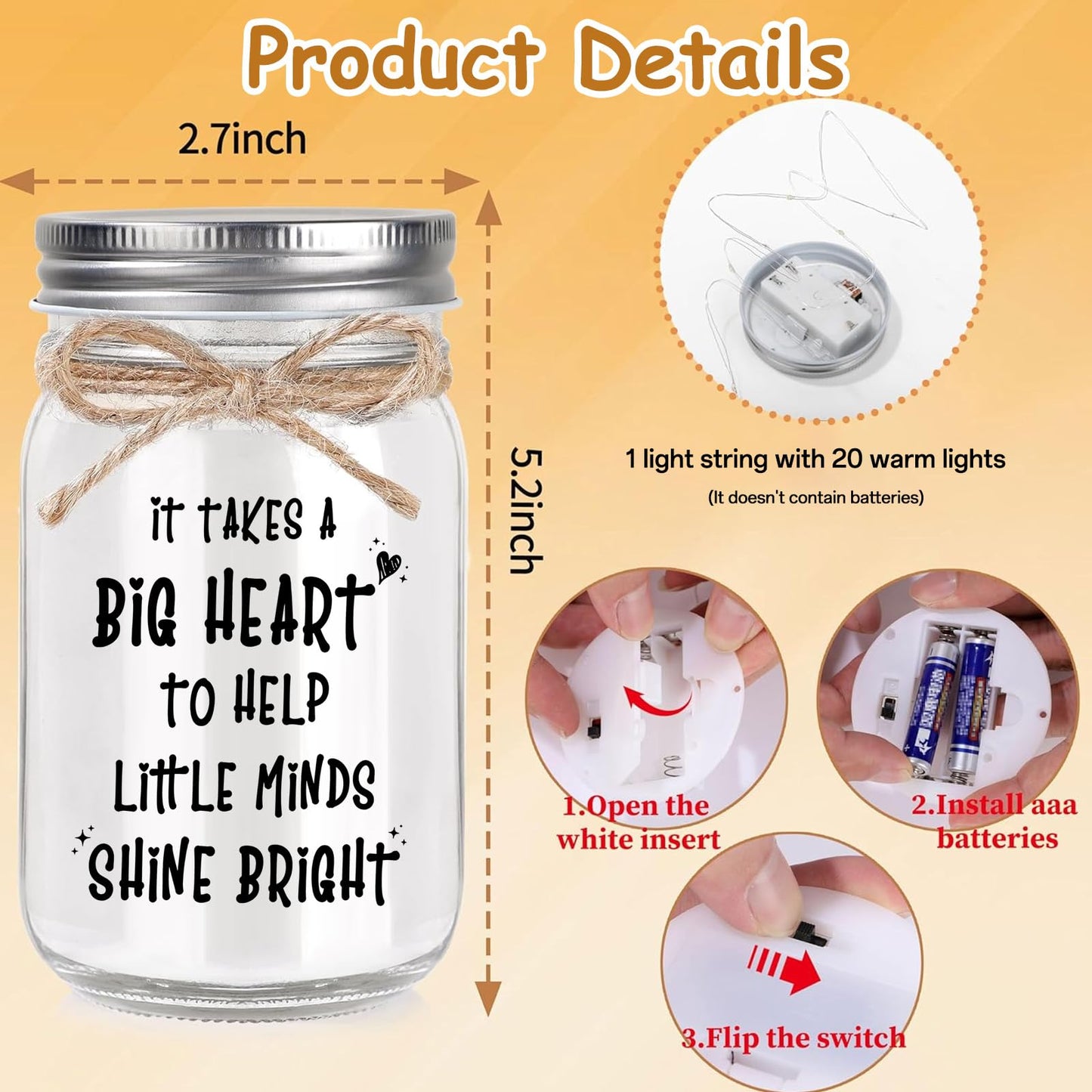Kimoli Teacher Appreciation Gifts for Women Teacher Christmas Gift Mason Jar Night Lights with Warm Lights Home Decor BST326H