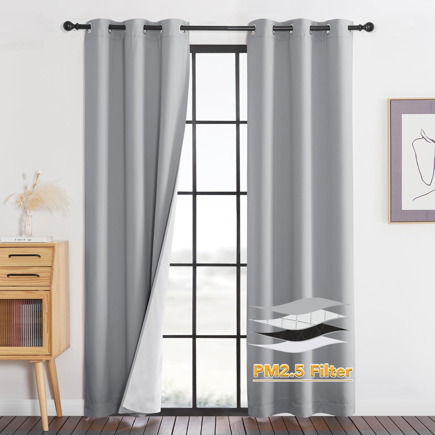 RYB HOME 4-in-1 Dust Filtering Soundproof Blackout Insulating Privacy Window Curtains for Nursery Bedroom Living Room Rivider Sound Absorption Sheet, Black, W52 x L90 inch, 2 Panels BST220