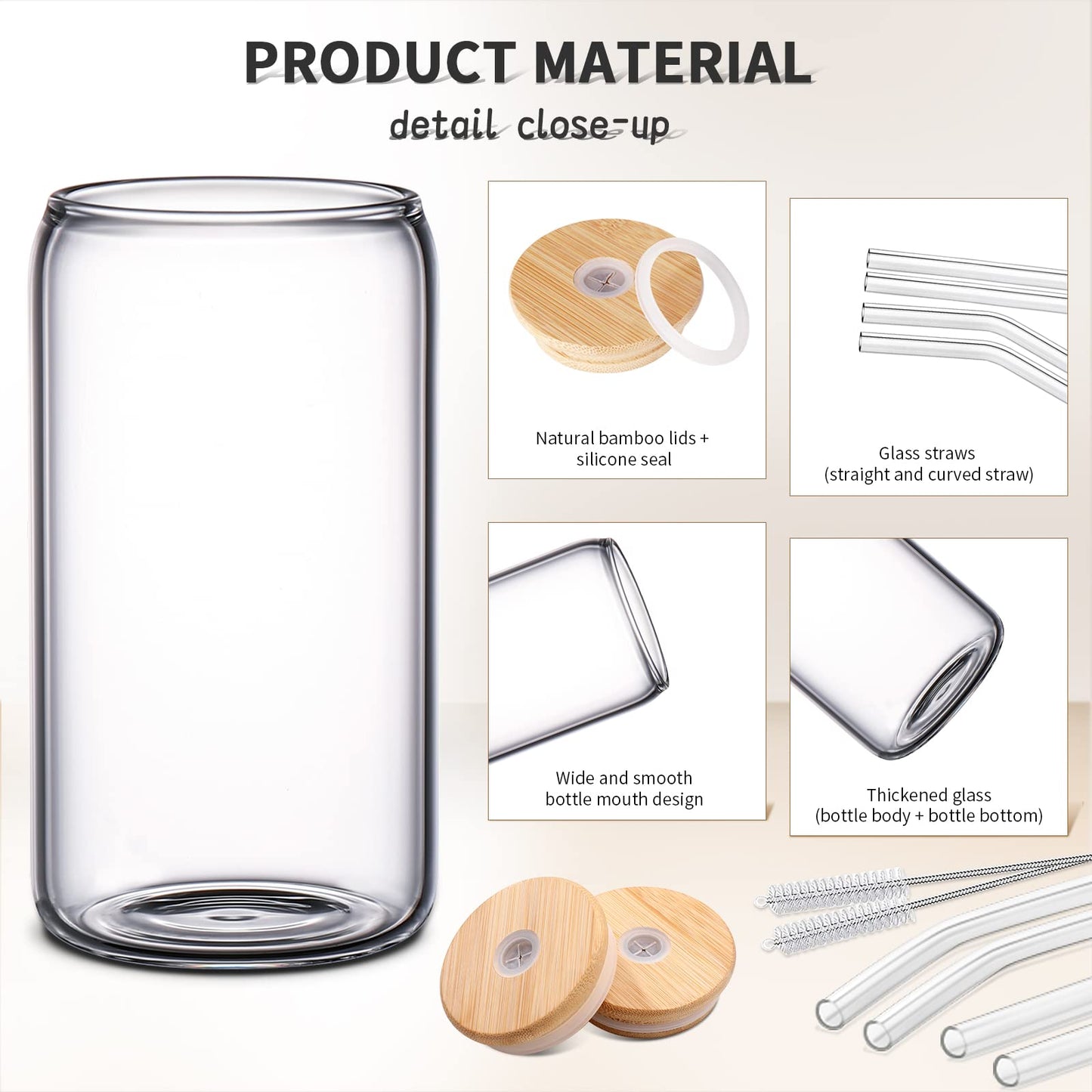 DWTS DANWEITESI Glass Cups “20oz”,Glass Cups with Lids and Straws 4 pcs-Coffee Cups,Drinking Glasses Set,Glass Tumbler with Straw and Lid Gift 2 Cleaning Brushes 600ml BST202