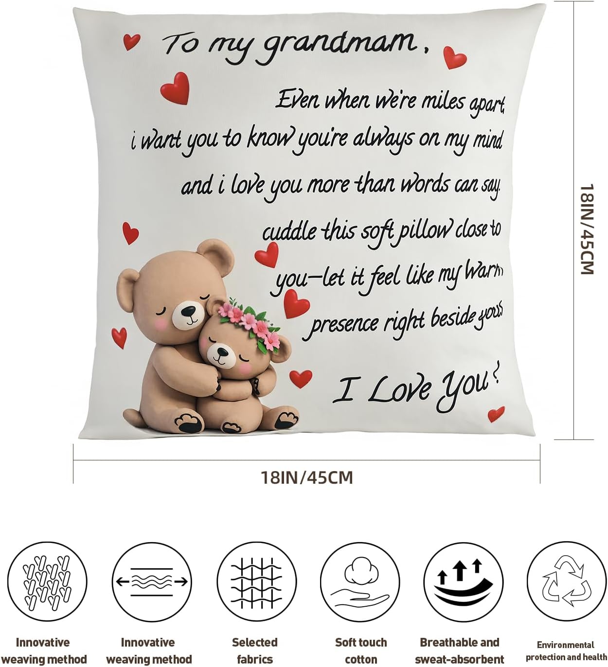 to My Grandmam Throw Pillow Cover - 18x18in Cushion Case, Machine Washable & Easy Care, Ideal for Sofa TV-Watching & Bedside Reading, Adds Warmth to Her Daily Life, Fits Bedroom/Living Room Decor WN420