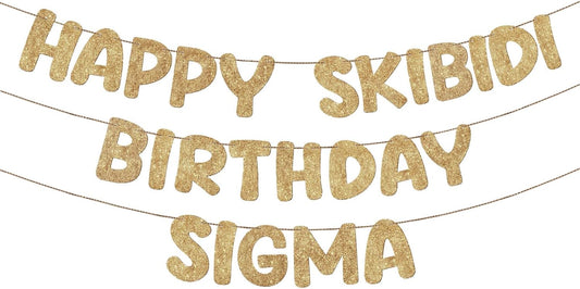 Fulmoon Pre Strung Happy Skibidi Birthday Sigma Banner Glitter Funny Zoomer Gen Z Slang Birthday Party Supplies Gen Z Slag Party Decorations Sign Gift(Champagne Gold) WN420