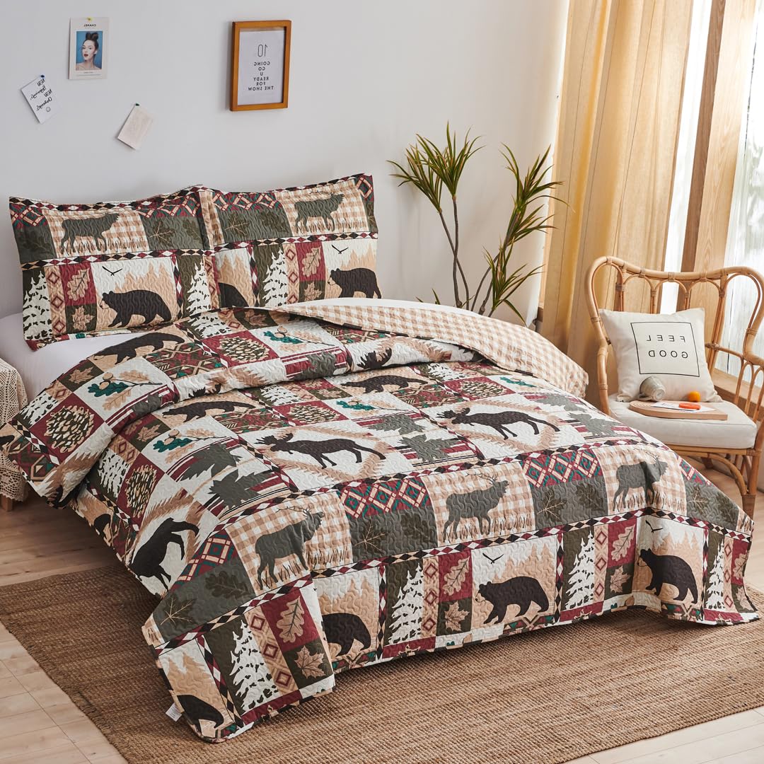 Rustic Moose Quilt Set King Size Lodge Quilt Lightweight Summer Cabin Bedspread Country Bedding Forest Bear Fish Pine Coverlet Daybed Cover Blanket Woodland Home Decor-Brown White BST220