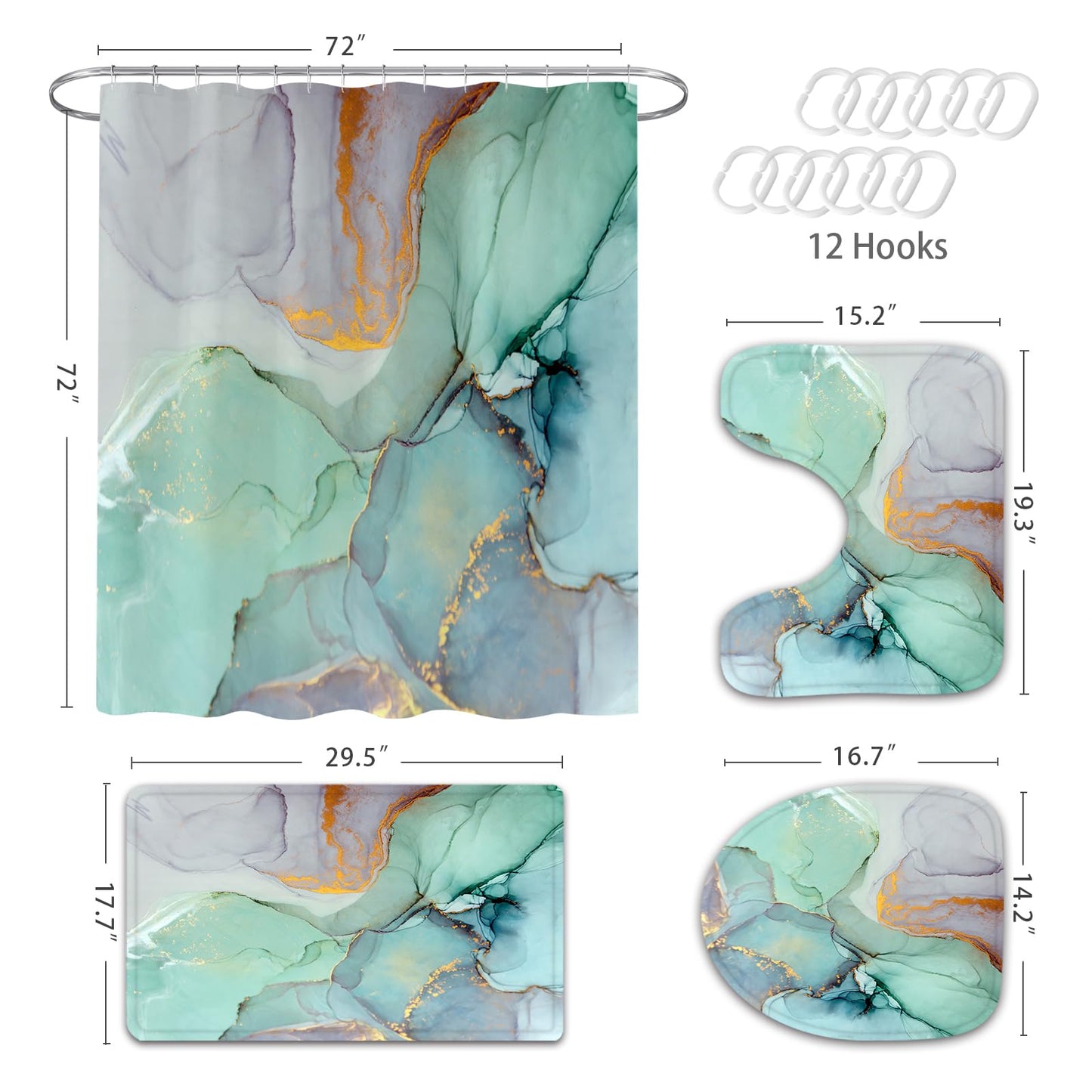 Gibelle 4 Pcs Bathroom Shower Curtain Set with Non-Slip Rugs, Toilet Lid Cover and Bath Mat, Grey Blue Marble Bathroom Decor Set with Shower Curtain and Rugs and Accessories BST326H