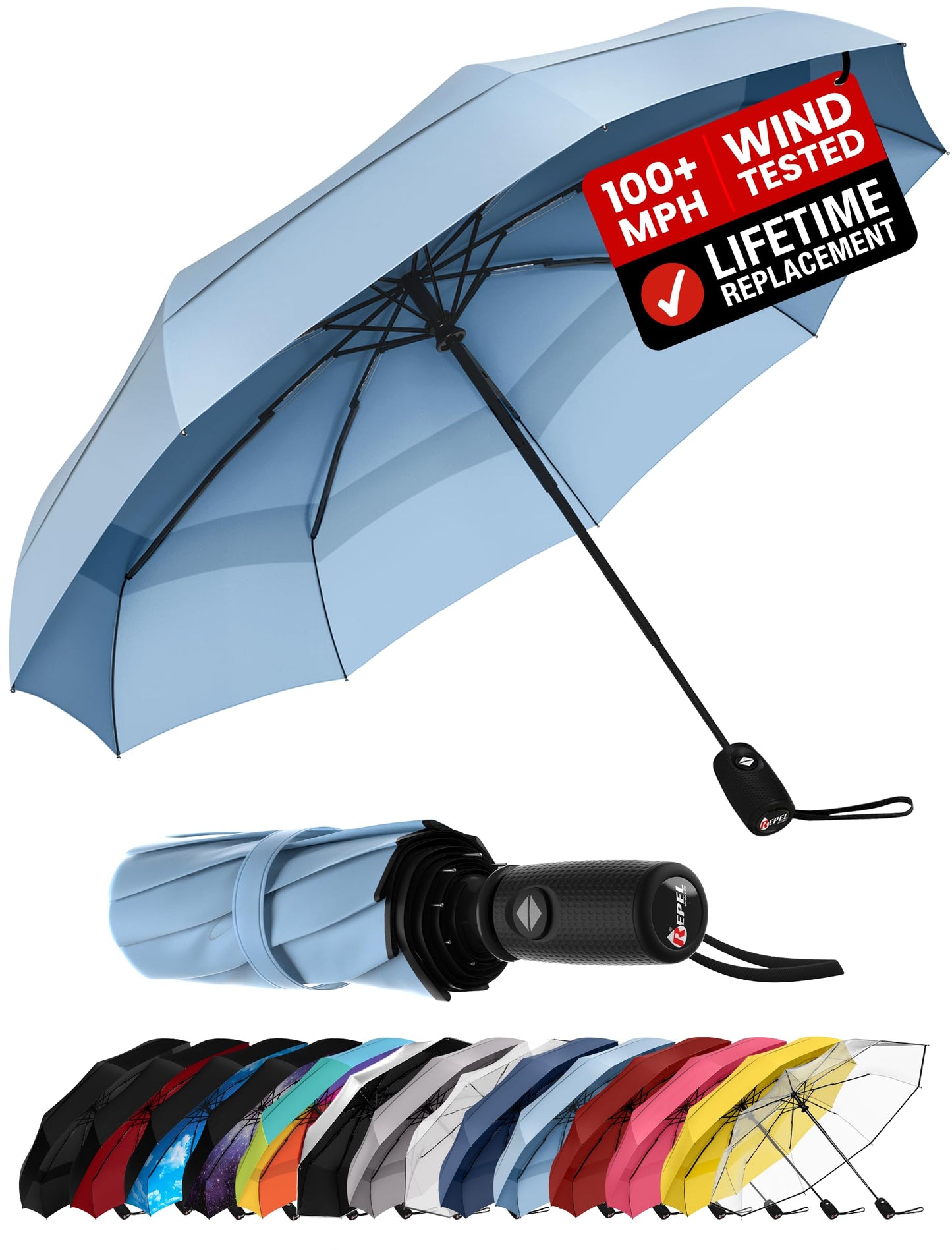 Repel Windproof Travel Umbrella - Compact & Withstands Winds up to 100MPH , Strongest Premium Auto Folding Umbrella for Rain and Sun - Durable, Light & Portable for Women & Men , Fits Backpack & Cars