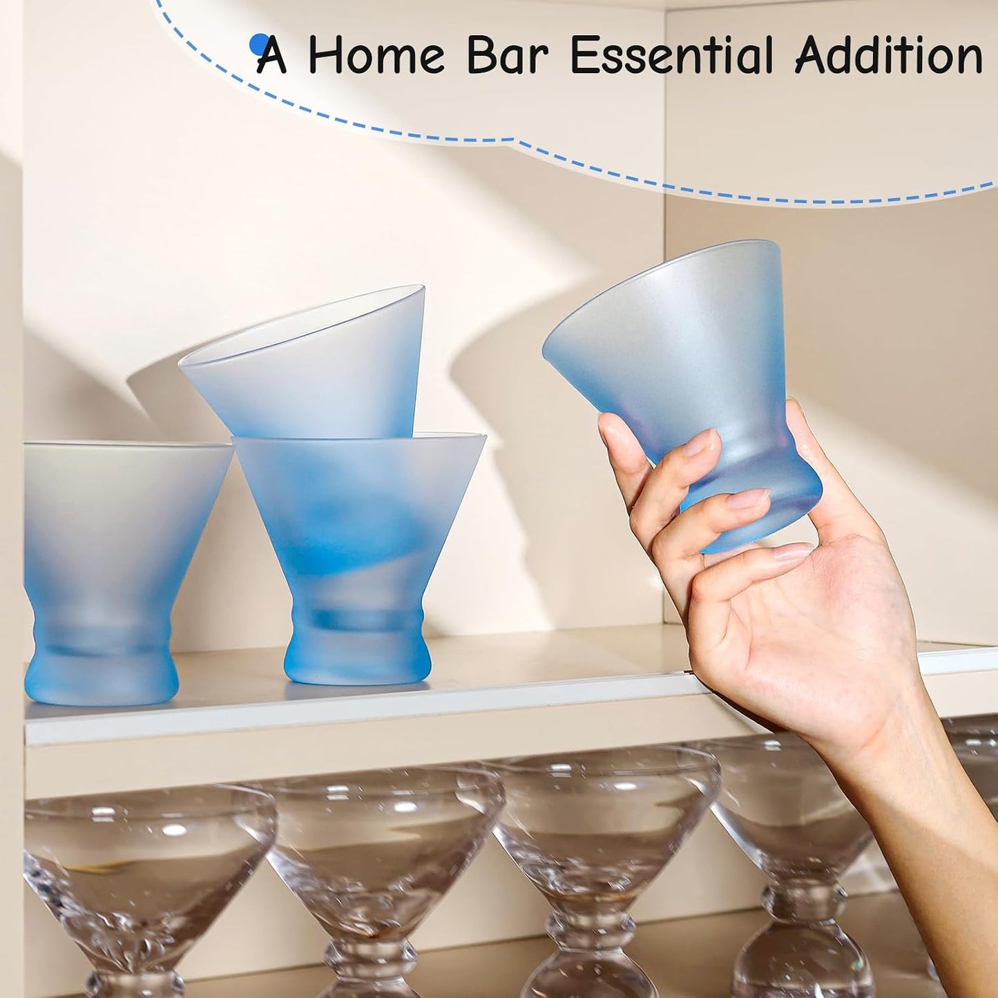 NUTRIUPS 8oz Blue Frosted Stemless Martini Glasses, Matte Finish Fingerprint-Resistant Glassware for Home Bar, Parties & Gifts, 4-Piece Set BST326H