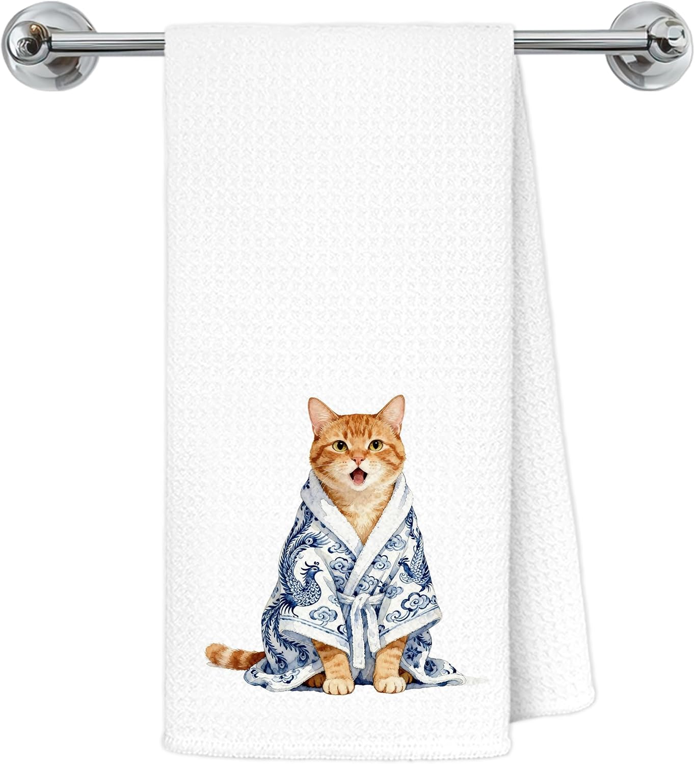 Blue and White Chinoiserie Orange Cat Bathroom Hand Towels, Orange Cat Gifts, Funny Oriental Kitty Decorative Hand Towels Bathroom Restroom Washroom Yoga Spa Zen Decor, 16x24 Inch BST326L