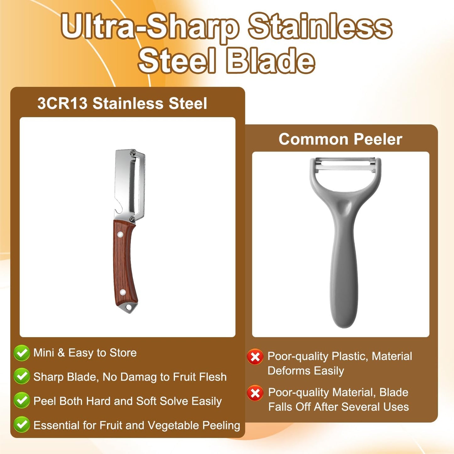 2PCS Premium Vegetable Peeler with Wooden Handle and Bottle Opener,Multifunctional 2-in-1 Stainless Steel Kitchen Tool for Potato Fruit Pineapple Pumpkin Papaya Carrot Vegetable Peeler(Mix) BST326H