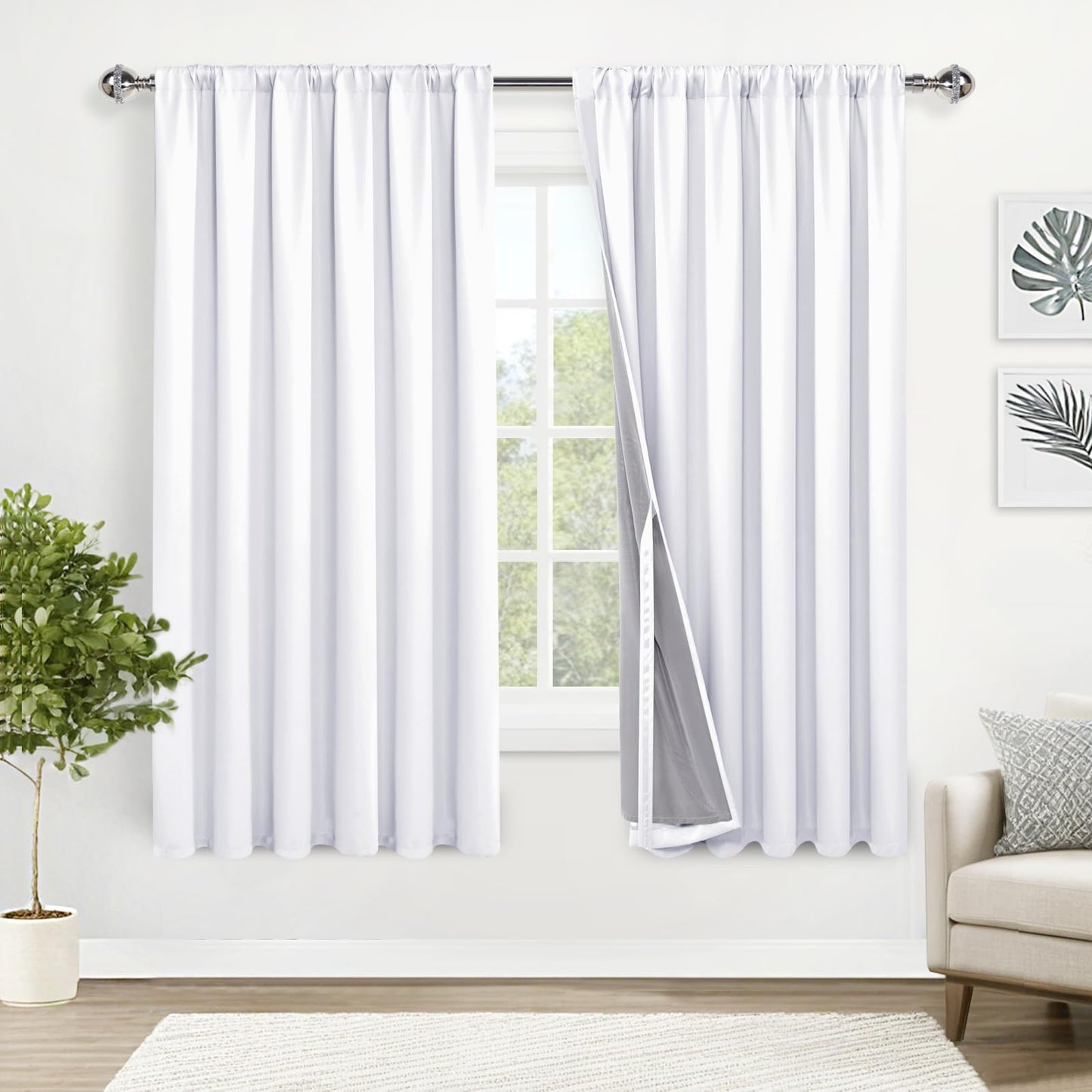 XWZO White Blackout Curtains with Tiebacks - Rod Pocket & Back Tab Heat and Full Light Blocking Window Panels for Bedroom/Nursery, 84 Inches Long Thermal Insulated Draperies, W42 x L84, Set of 2 BST326H