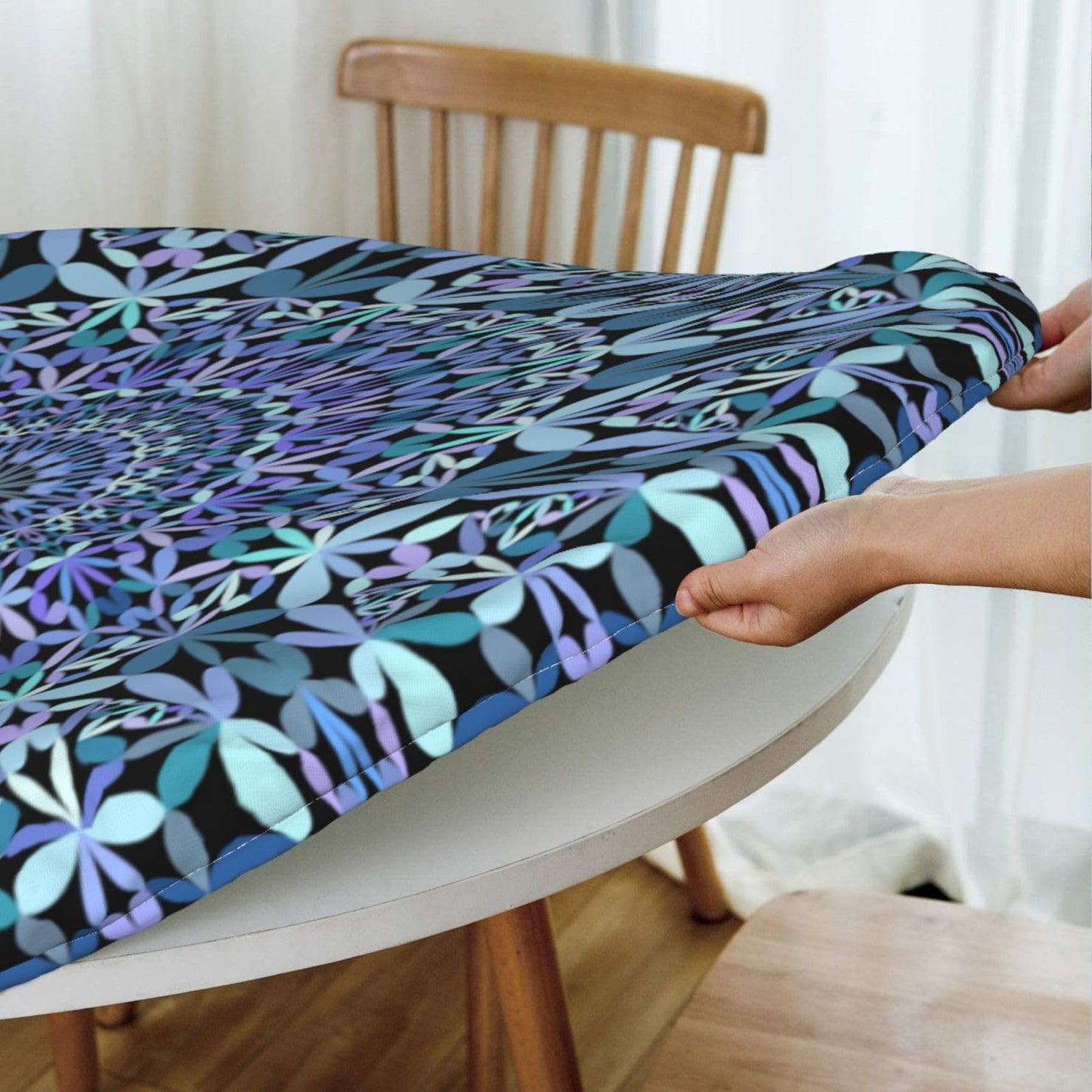 Blue Petal Mandala Pattern Tablecloth with Elastic Edge, Round Table Cover Washable Reusable Bohemian Table Cloths for Kitchen Dining Party, Medium (Fits 45-50 in) BST202